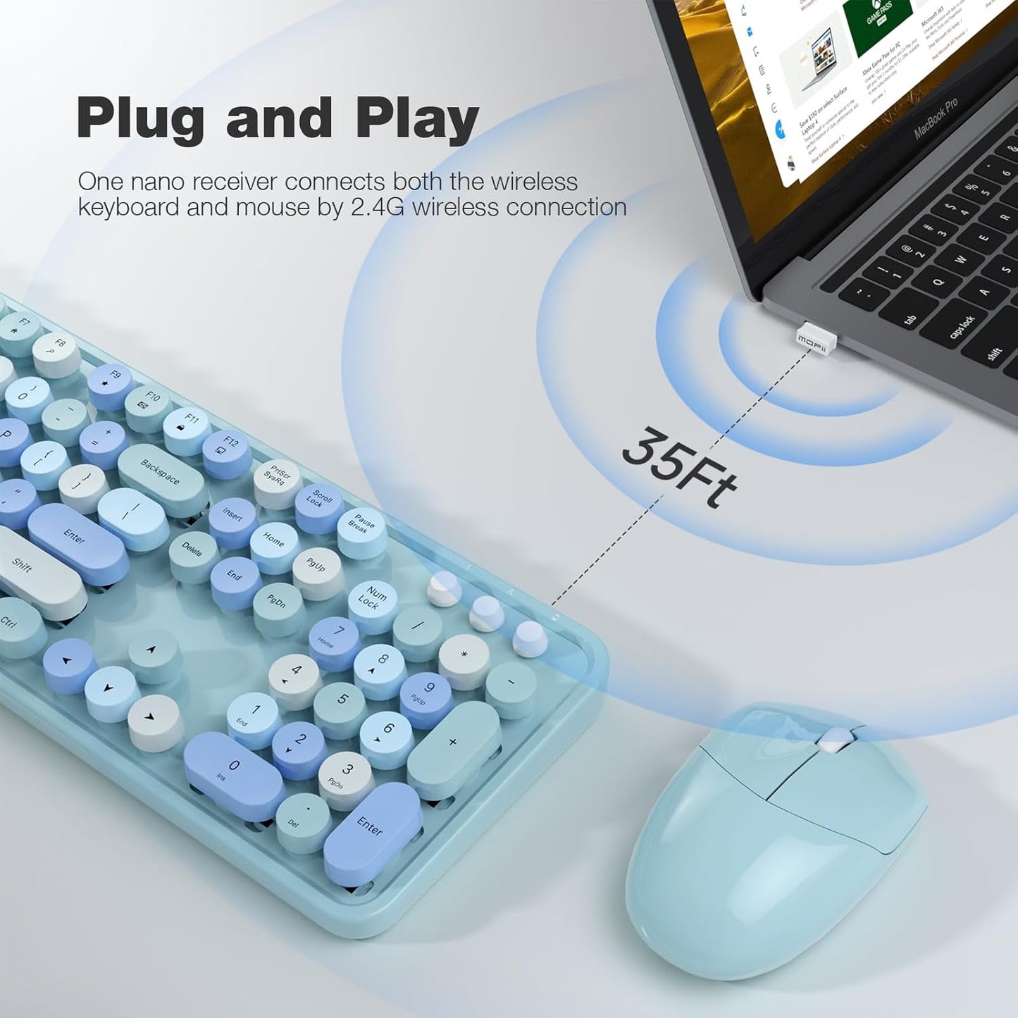 Wireless Keyboard and Mouse Combo, MOWUX Colorful Computer Full Size 2.4G Plug and Play Wireless Typewriter Keyboard and Mouse Set for Windows, Computer, Desktop, PC, Notebook (Blue Colorful)