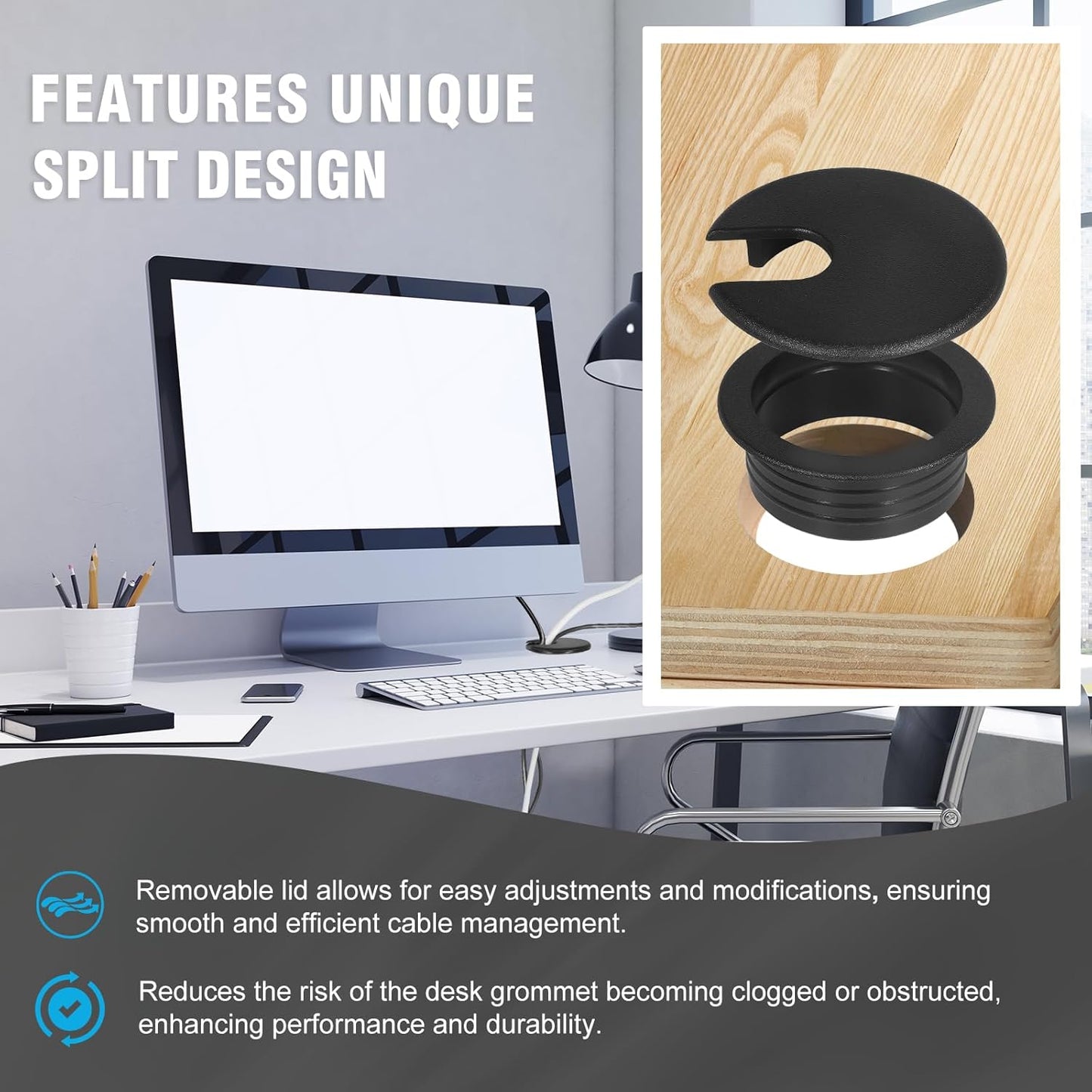 1-1/2" Black Desk Grommet with Bi-Metal Hole Saw, JTemgle Plastic Cable Hole Cover Computer Table Cord Wire Organizer Caps, Desktop Cord Management for Home Office TV Stands Tabletops, 13 Pieces