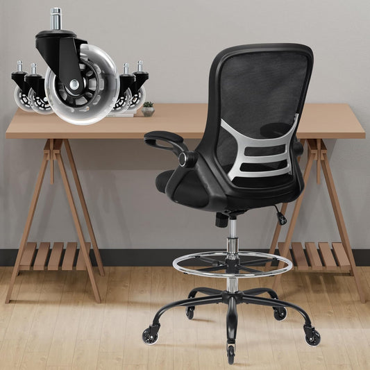 HYLONE Drafting Chair Adjustable, Tall Office Chair Lumbar Support Ergonomic Standing Desk Chair Heavy Duty Tall Drafting Stool for Artists with Footrest Home Office Drafting Stool