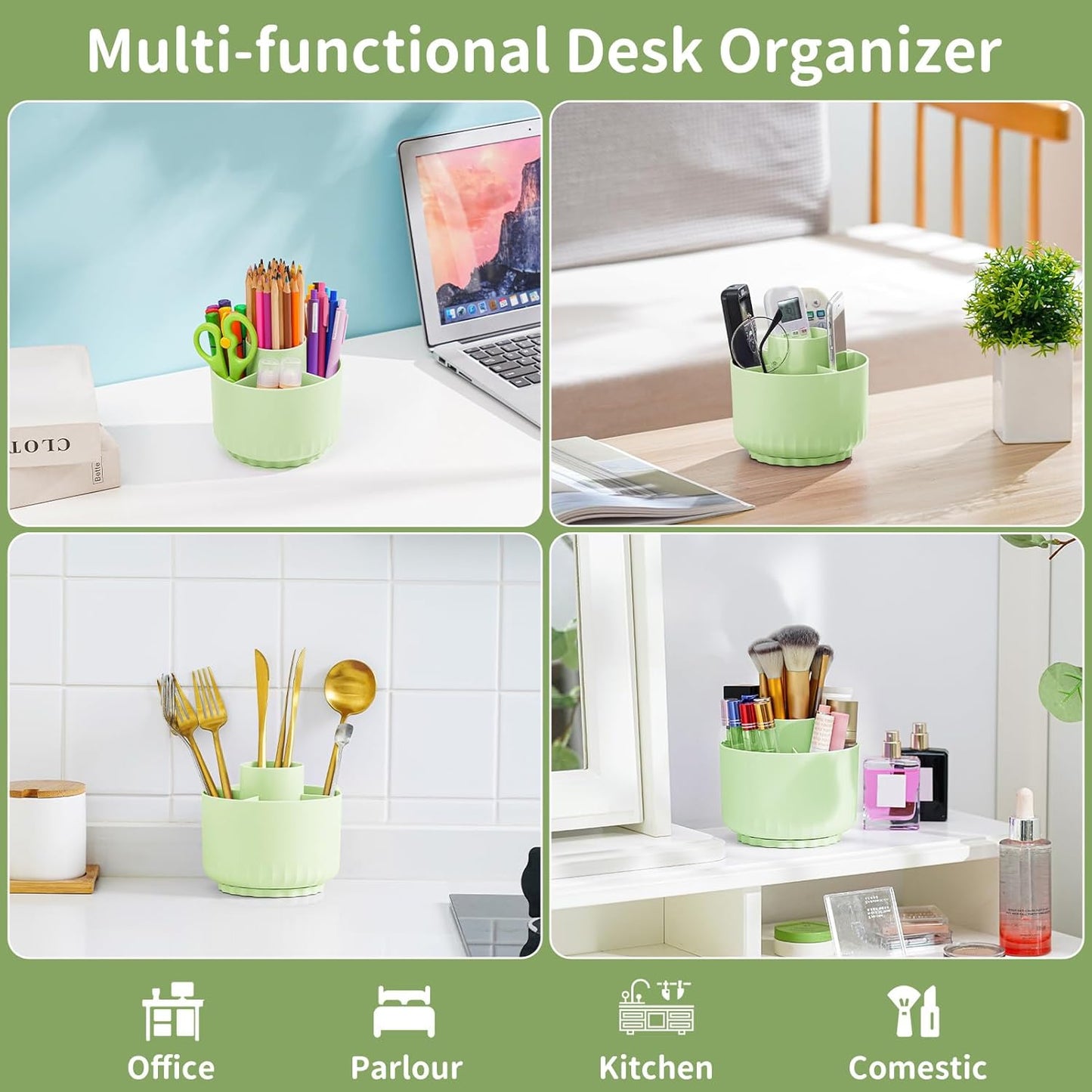 Marbrasse Desk Organizer, 360-Degree Rotating Pen Pencil Holder, Desk Organizers and Accessories with 5 Compartments Pencil Organizer, Art Supply Storage Box Caddy for Office, Home(Green)