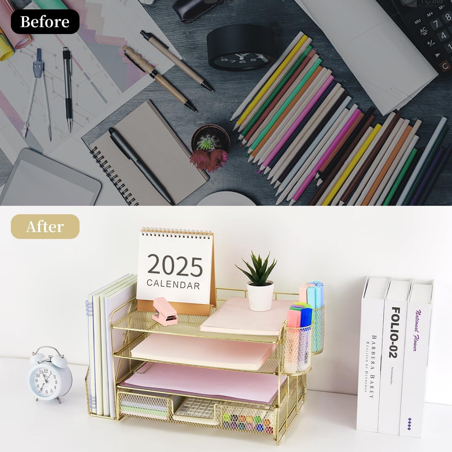 gianotter Desk Organizers and Accessories with File Holder, 4-Tier Desk Accessories & Workspace Organizers with Drawer and 2 Pen Holder, Paper Organizer for Office Supplies(Gold)