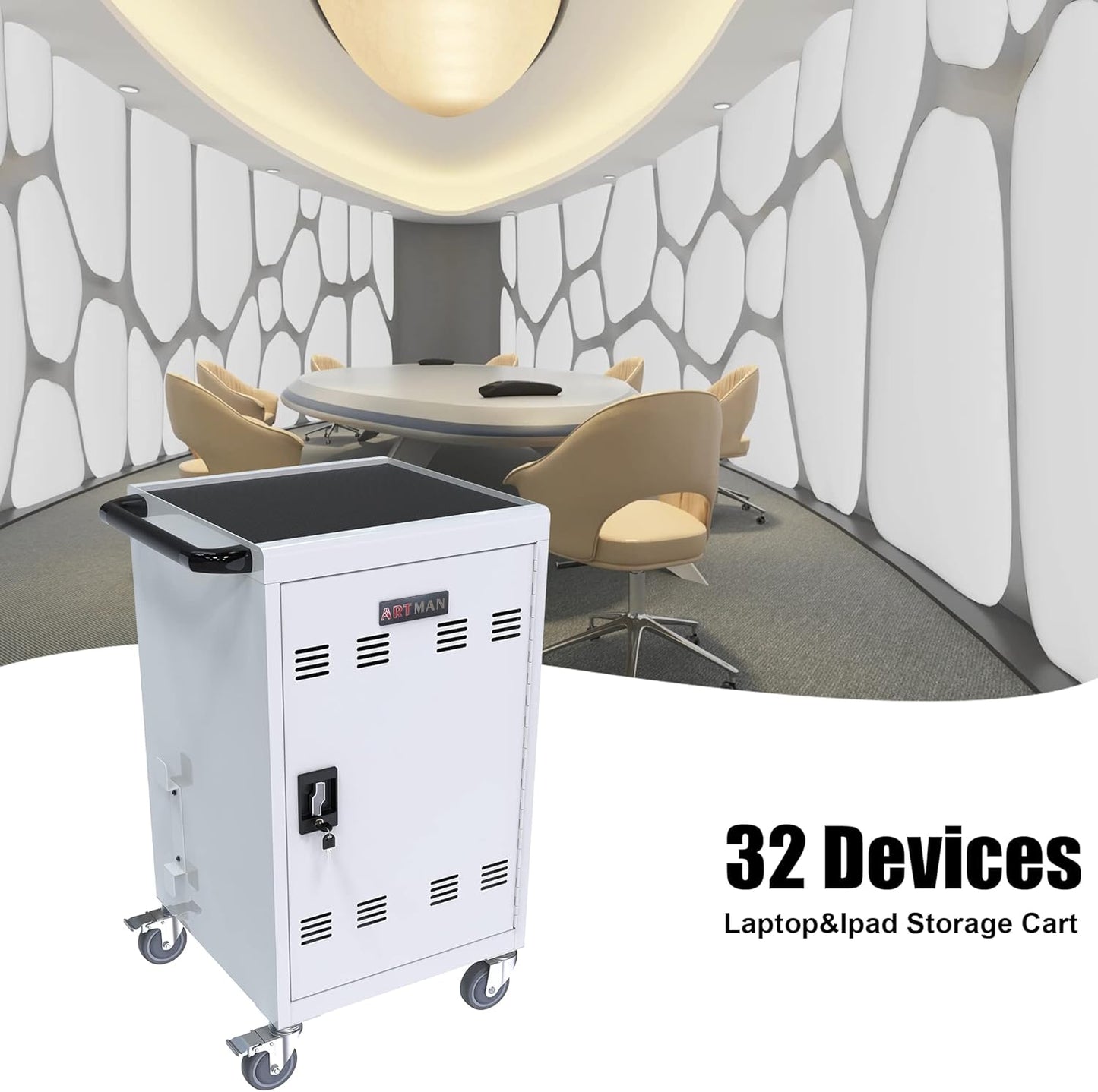 Laptop Charging Cart, White, Durable, 32 Devices, Fast Charging, Security Storage, Easy Use, Anti-Rust