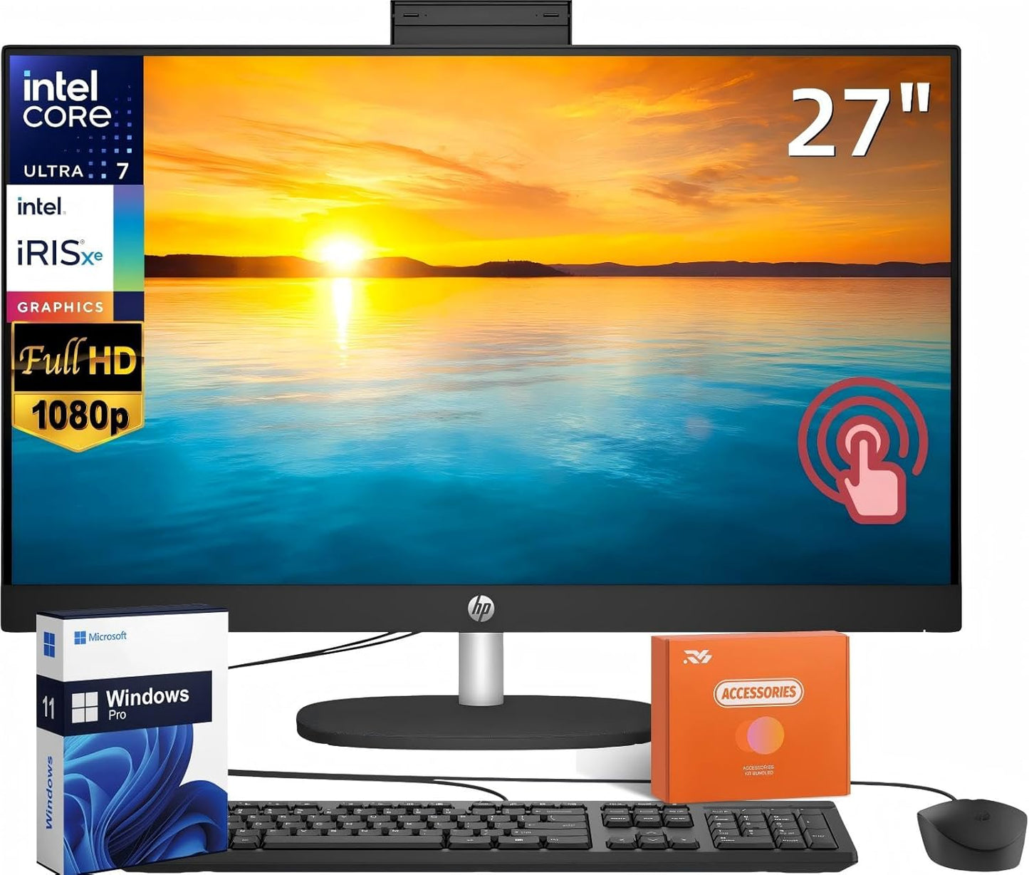 HP 27" FHD Touchscreen Business All-in-One Desktop Computer, Intel 12-Core Ultra 7 155U (Beats i7-1355U), 64 GB DDR5 RAM, 1 TB SSD, Intel Iris Xe Graphics, Wired KB & Mouse, Wi-Fi 6, Windows 11 Pro