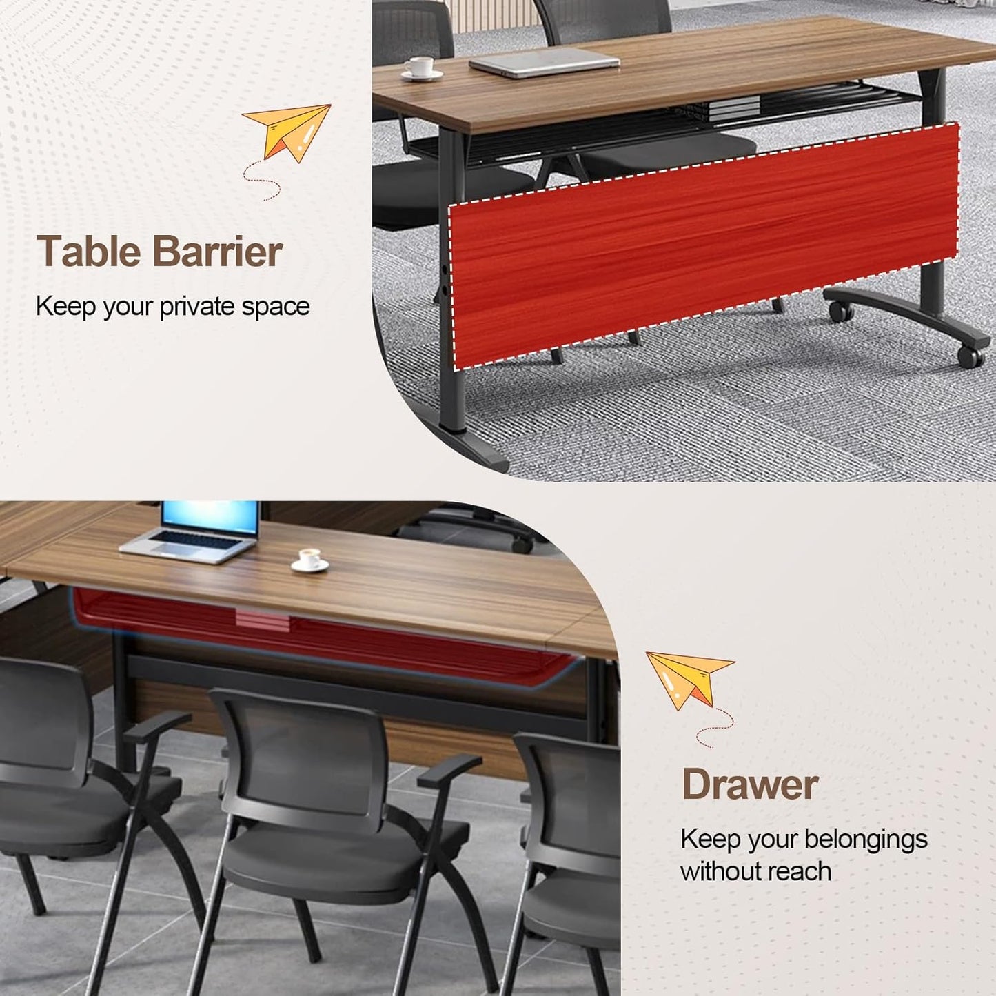 Folding Conference Room Table, Modern Conference Tables with Wheels, Large Rectangular Mobile Training Tables for Office Classroom, Foldable Modular Boardroom Seminar Table Walnut (6pack L55.1in)