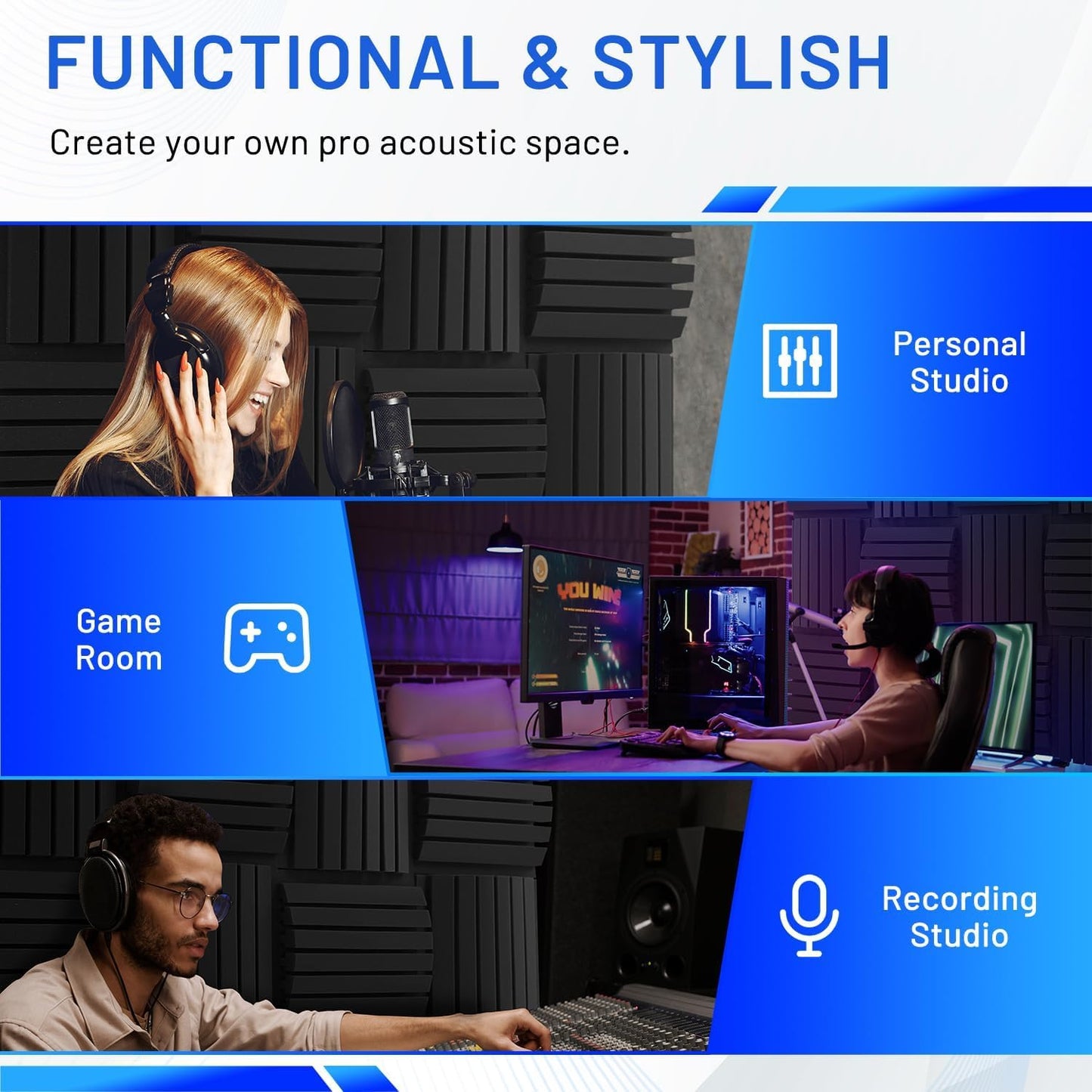 36 Pack Curved Acoustic Foam Panels 3" x 12" x 12" Sound Proof Foam Panels Soundproofing Noise Cancelling Wedge Panels for Home Office Recoding Studio with 240 PCS Double-Side Adhesive