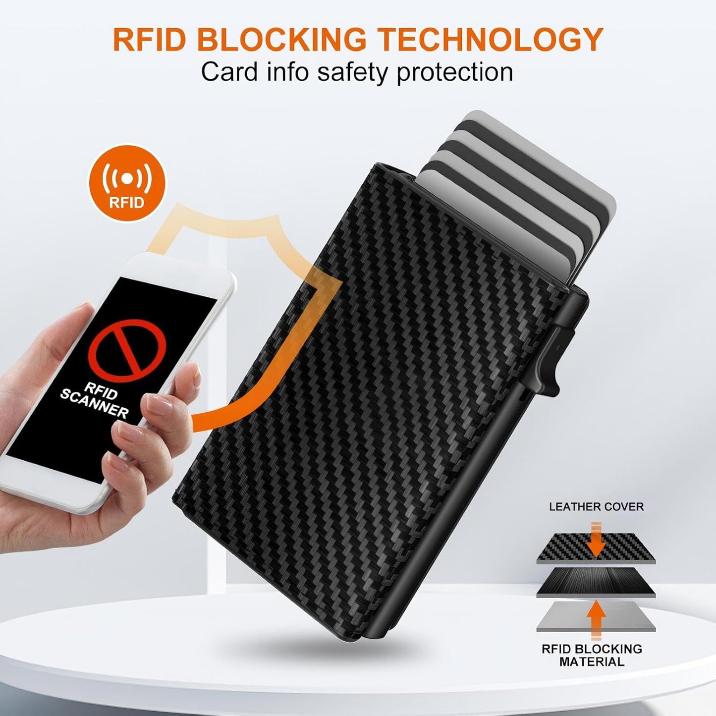 Mens Wallet Card Holder - Pop Up Aluminum Case, Flexible Carbon Fiber Leather, Smart Wallet for Men, RFID Blocking, Slim, Minimalist, Front Pocket - 9-14 Card Capacity | ID Window | Cash Slot