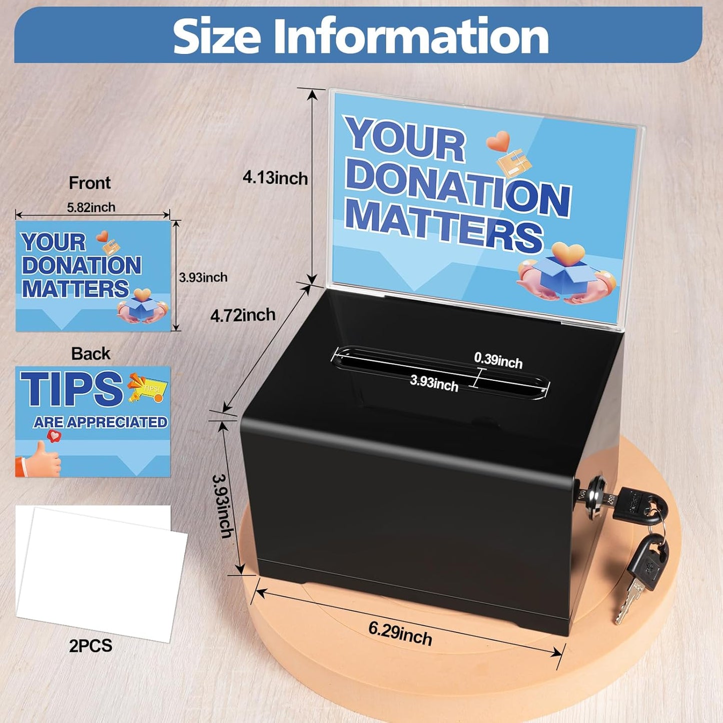 Polmart black Donation Box with Lock - Secure Ballot Box with Removable Sign Holder & 2 Keys - for Money, Cards, Votes, Tickets, Feedback Collection (4.75"D x 6.29"W x 8"H)