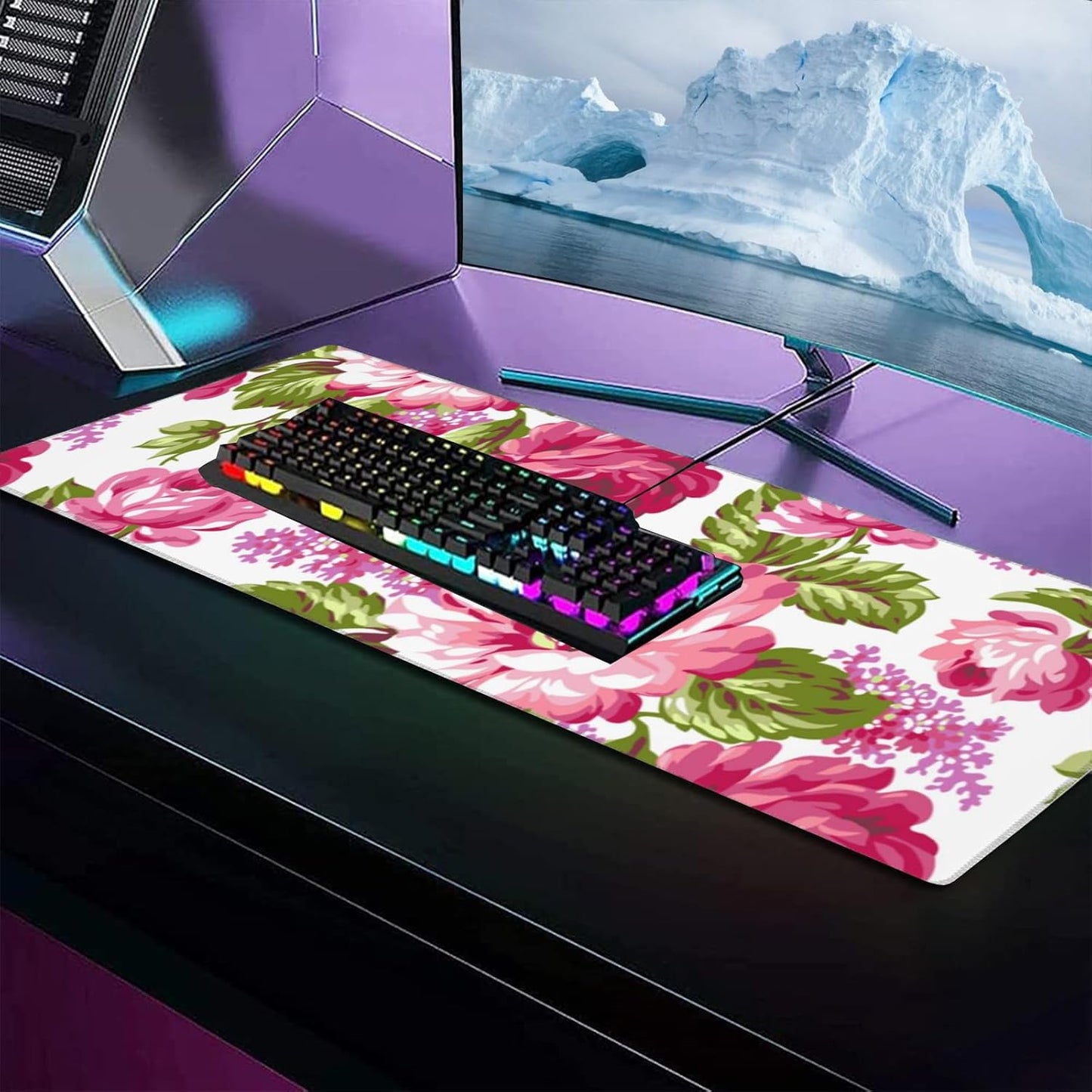 Vintage Moth Rose Large Gaming Desk Mat,Rubber Non-Slip Elegant Nocturnal Mouse Pad,31.5x11.8x0.12in Extended Nature Art Floral Mousepad,Game Lover Mice Pads Gifts,Office Home Deskmat Decor