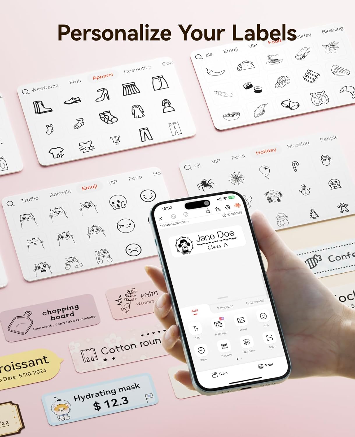 NIIMBOT Label Maker Machine Bluetooth Label Printer for School Home Office Organization, Wireless Mini Labeler D110 Upgraded Version, Label Machine with Label, Pink
