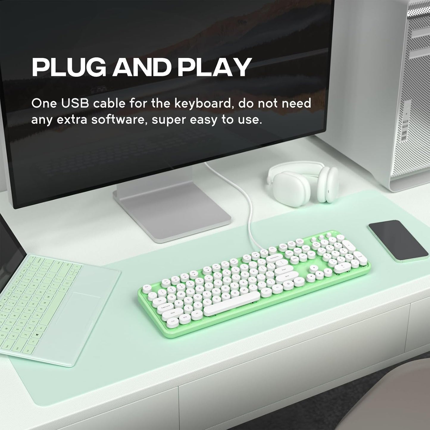 Computer Keyboard Wired, Plug Play USB Keyboard with Large Number Pad, Caps Indicators, Foldable Stands, Full Size Keyboard for Windows PC Laptop (Green-White)