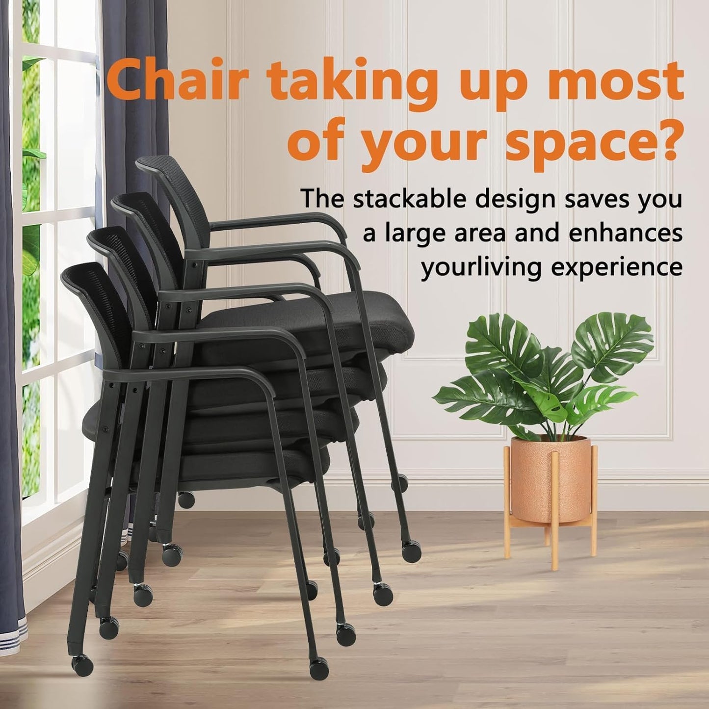 CLATINA Mesh Back Guest Reception Arm Chairs with Wheels, Waiting Room Chairs with Upholstered Fabric Seat and Ergonomic Lumbar Support for Office, 8PK