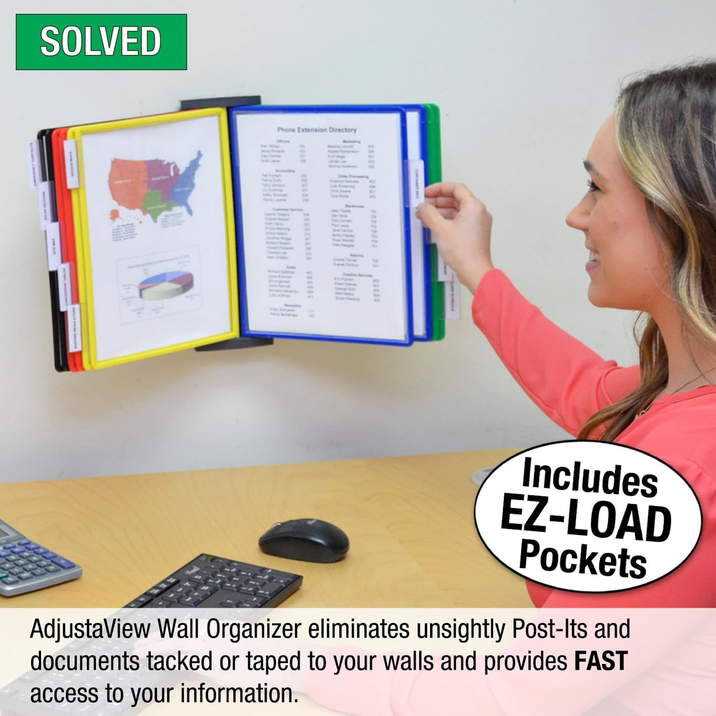 Ultimate Office AdjustaView 10-Pocket Wall Reference Organizer with Easy-Load Pockets and Mounting Screws