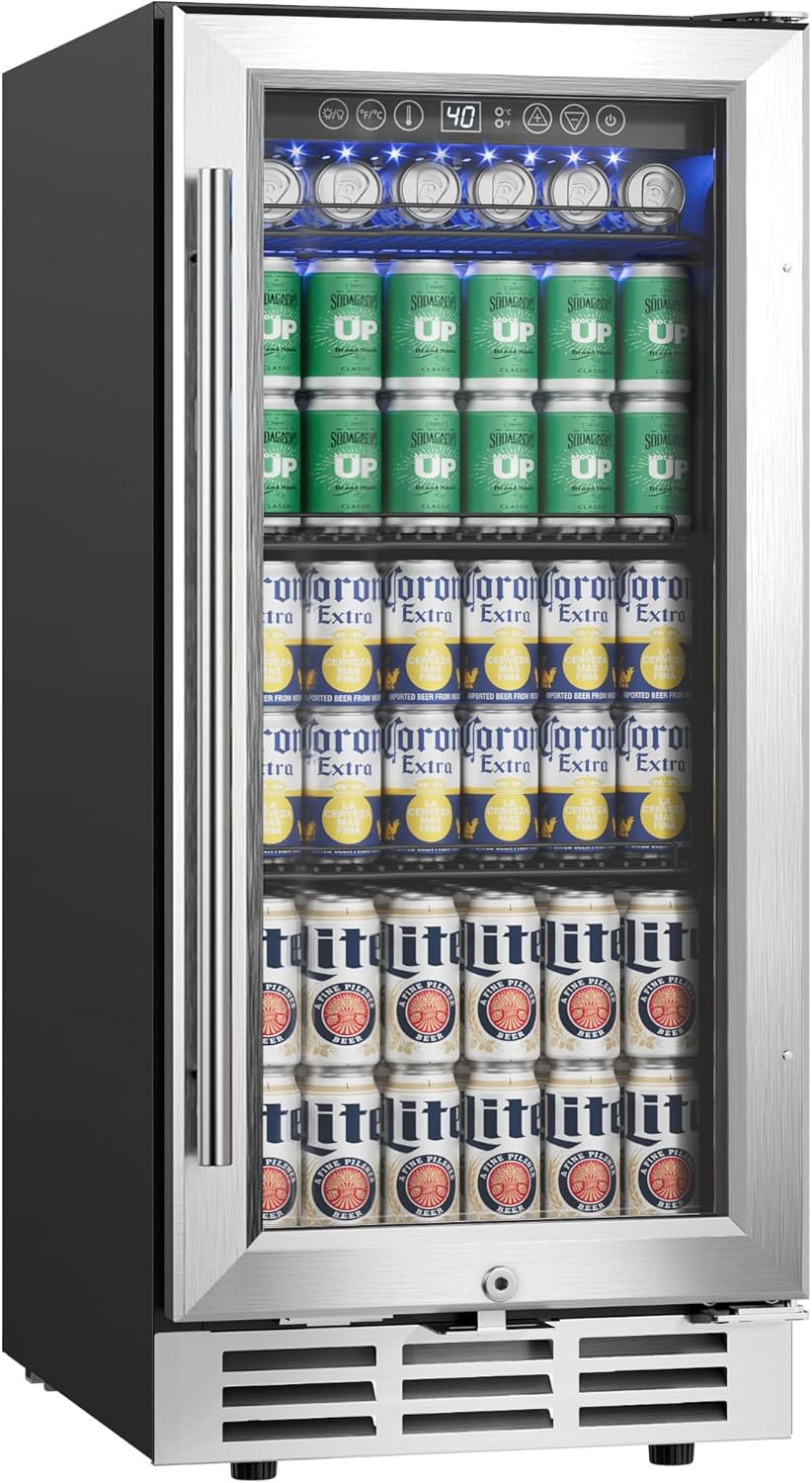 EUHOMY 15 Inch Beverage Refrigerator Cooler Under Counter 127 Cans Beverage Fridge Built-in or Freestanding with Glass Door, LED Light, Beer Fridge for Soda, Water, Wine - Home Kitchen Bar.