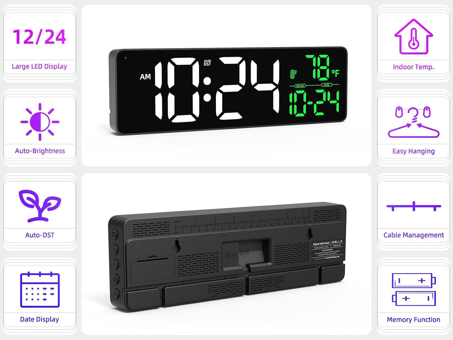 Large LED Digital Wall Clock with Date, Temperature, Auto-Brightness, Auto-DST | Big Digital Clock for Bedroom, Desk, Classroom, Living Room, Kitchen, Office, Gym, Farmhouse, Xmas Gift for Seniors