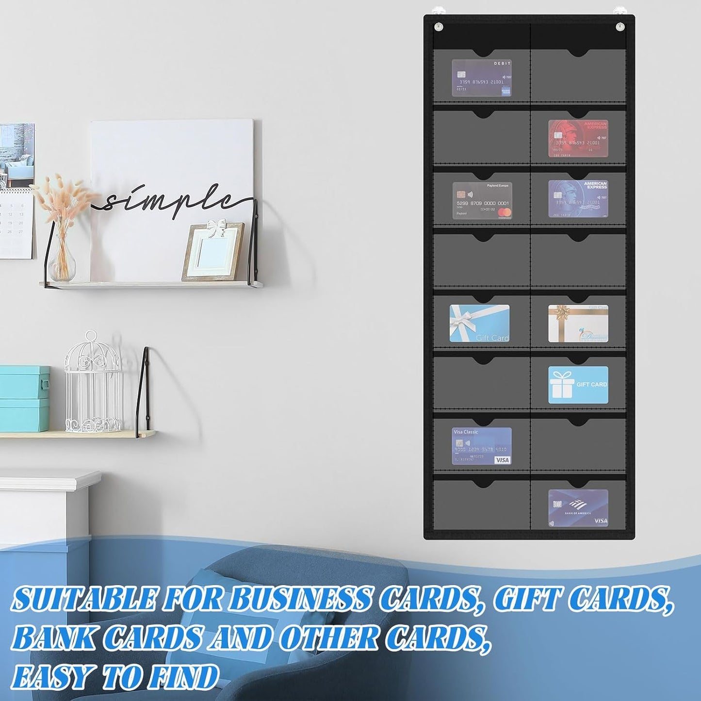 4 Pack 3'' x 5'' Index Card Holder Sleeve 16 Slot Plastic Organizer Hanging Wall Mount Business Note Cardholder PVC Clear Organizer Pocket for Classroom Office Library Home (Black)