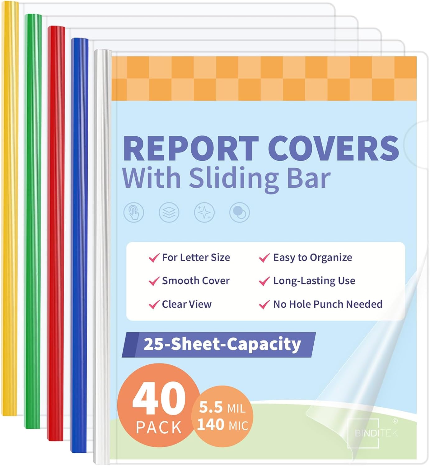 Binditek 40 Pack Clear Report Covers with Sliding Bars, 25 Sheet Capacity, 5mm Sliding Bar File Folder, Letter Size, 5.5 Mil Thick, 5 Assorted Colors, for Students and Coworkers