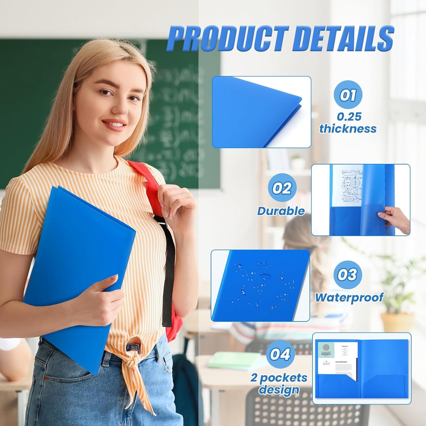 Gueevin 72 Pcs Two Pocket Folders Bulk Plastic File Folder with 2 Pockets Letter Size Paper Heavy Duty Durable Portfolios Case for Home Office School Business 11.61 x 9.45 Inch (Blue)
