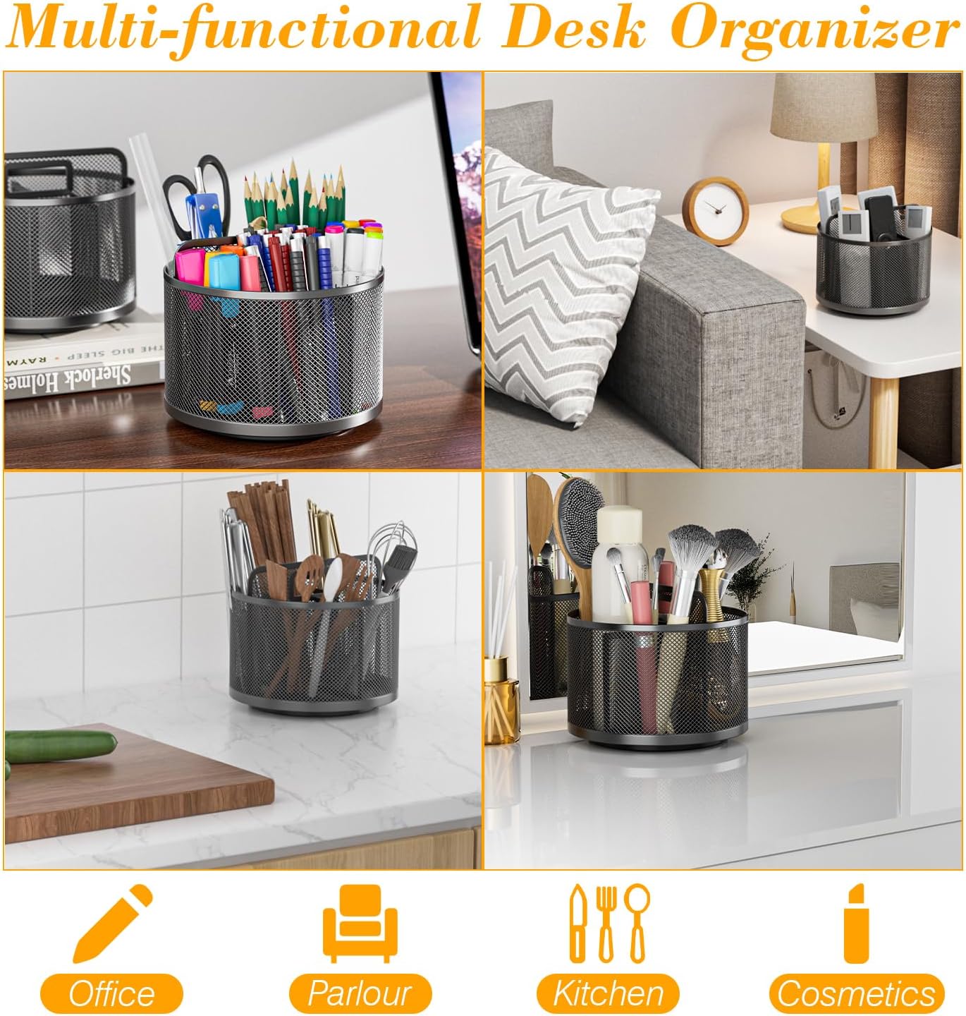 LUCYCAZ 360 Rotating Metal Pencil Pen Holder for Desk, Rotating Pencil Cup with 5 Slots, Dual-Purpose Desk Pen Organizer for Office, School, Home (Round)