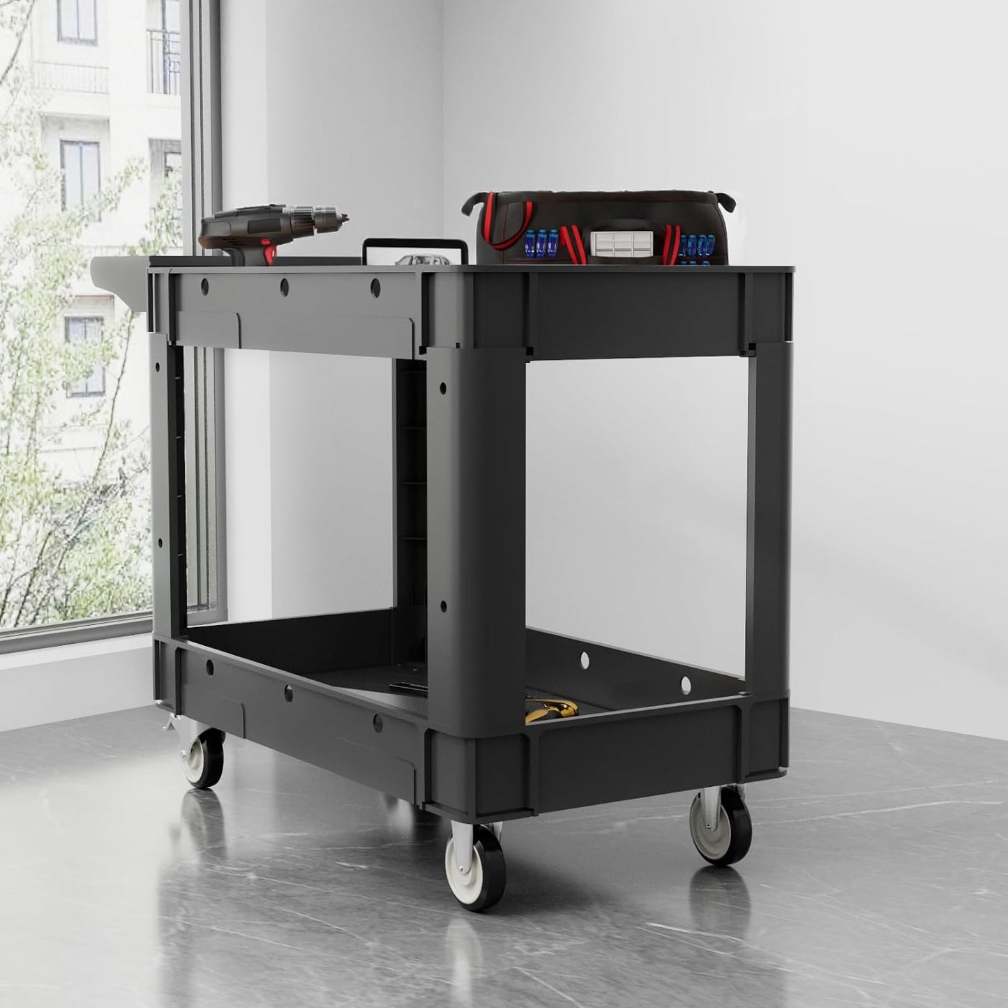 Commercial Grade 2 Shelf Utility Cart with Wheels - Rolling Tool Trolley, Heavy Duty Service Push Cart for Business Warehouse Office Restaurants Ecommerce Garage