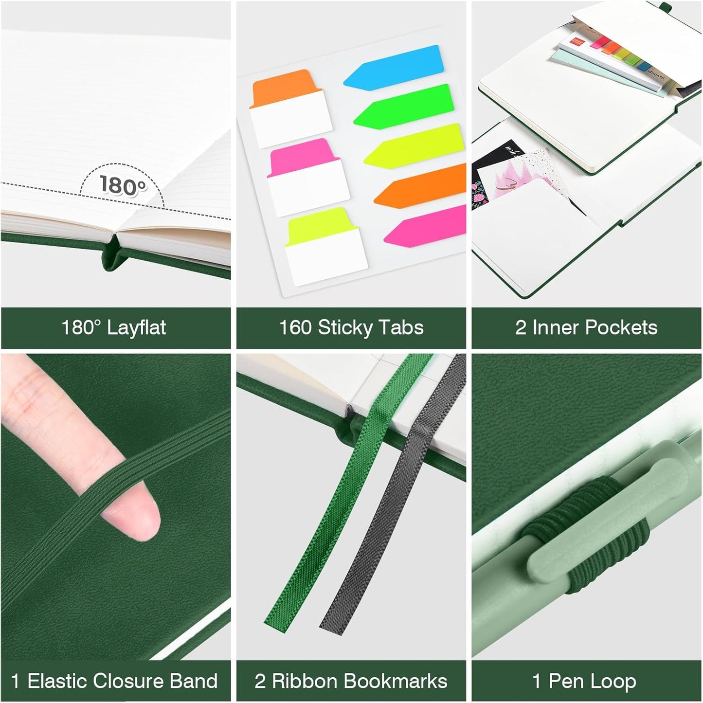Lined Journal Notebook, 3 Pack A5 College Ruled Notebooks for Work, Hardcover Notebook Each with 2 Pockets & Pen, Leather Journal for Women, Men, 160 Pages, 100GSM Thick Paper (Green, Red, Black)