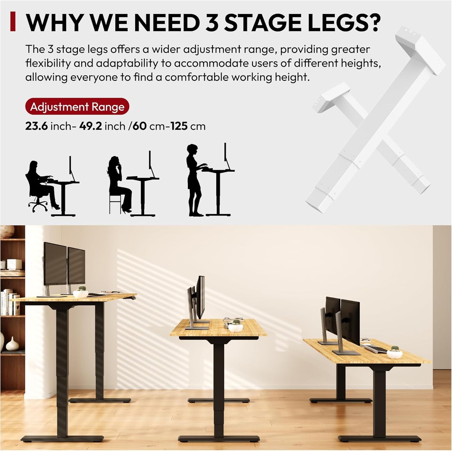 Standing Desk with Dual Motor, 3-Stage Lifting Column, Handset with 3 Preset and Sit-Stand Reminder - 72 inch Whole Piece Real Bamboo/Black Frame, Height Adjustable Desk for Home and Office