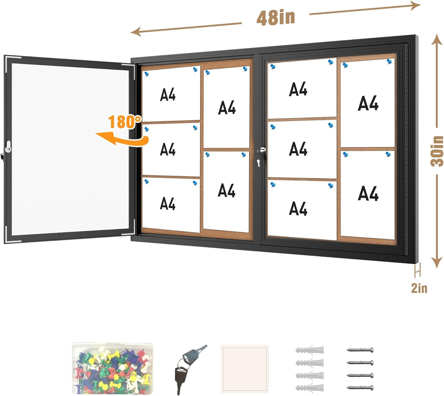 48"x30" Enclosed Bulletin Board, Outdoor Lockable Weather-Resistant Aluminum Cork Noticeboard for School & Office, Silver Frame w/Black Flet