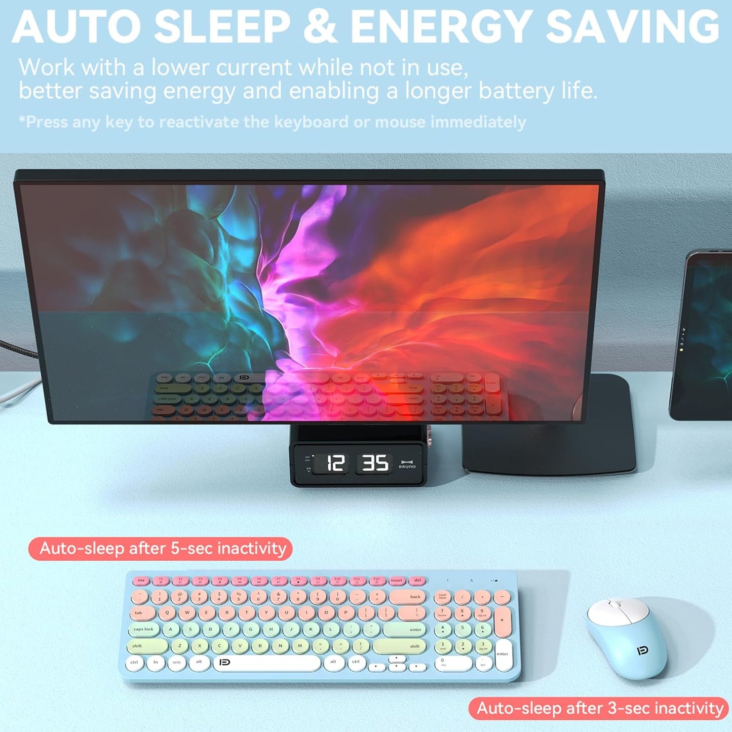 FD Wireless Keyboards and Mouse Combo - 2.4GHz USB Cordless, Cute Wireless Keyboard Round Keys, Quiet and Slim Set for Laptop, Computer, TV and Mac - Blue Pale Green Colorful