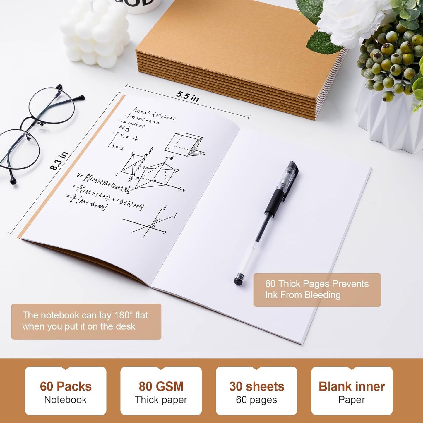 60 Pack A5 Unline Kraft Notebooks, 8.3x5.5inch Blank Journal Notebook Bulk for Drawing & Writing, Small Blank Paper Sketchbook Travel Journal Set for Adult, Paint Beginner and Student, 60 Pages