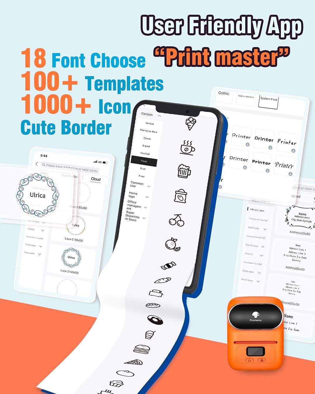 Phomemo M110 Label Maker- Mini Portable Bluetooth Thermal Label Printer for Clear Label, Barcode, Clothing, Office, Business, Compatible with Android & iOS, Orange