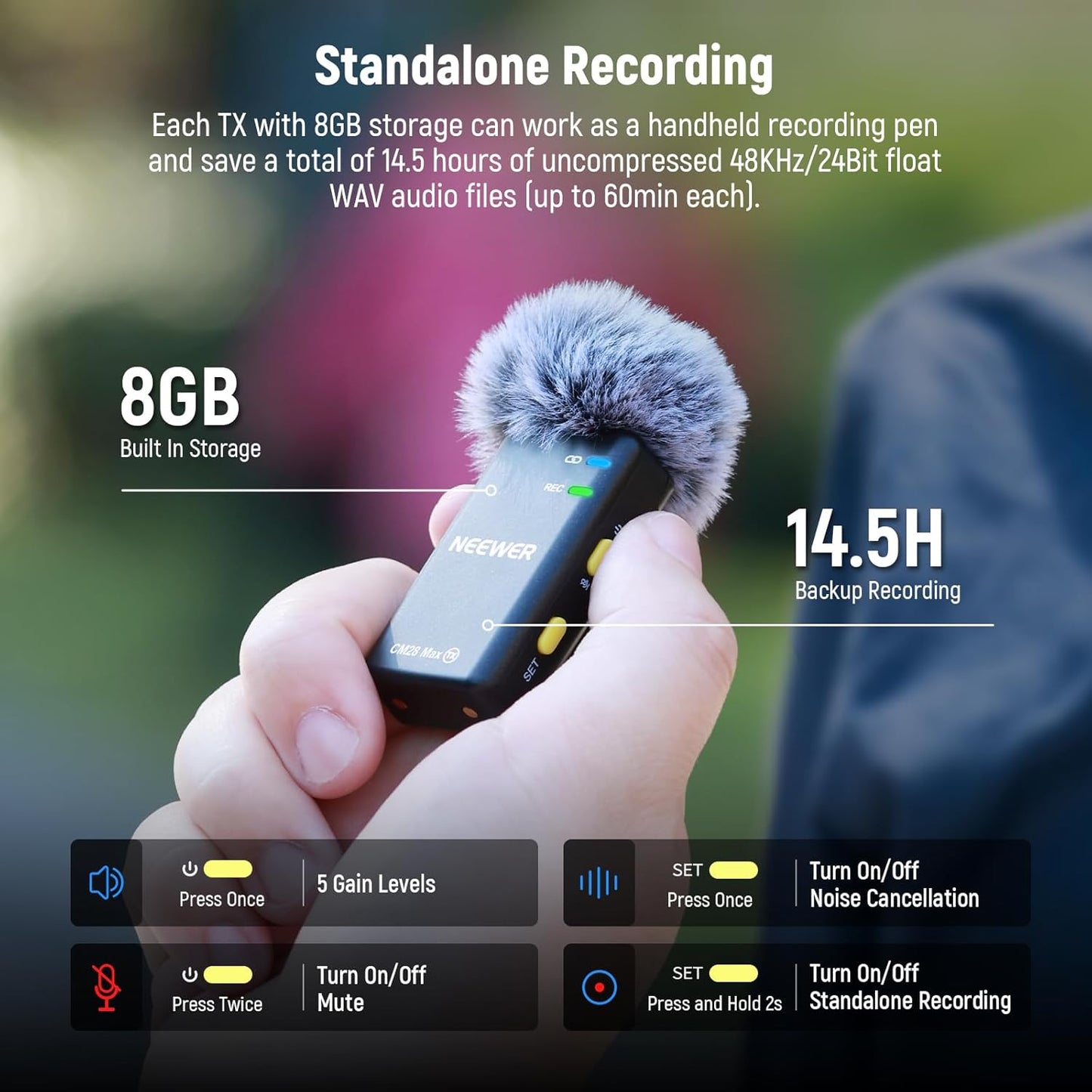 NEEWER CM28 Max Wireless Lavalier Microphone System with Charging Case 48KHz/24Bit Lossless Float Recording Noise Cancellation 8GB Storage 25Hrs Battery 300m Range for iPhone iPad Android Camera PC