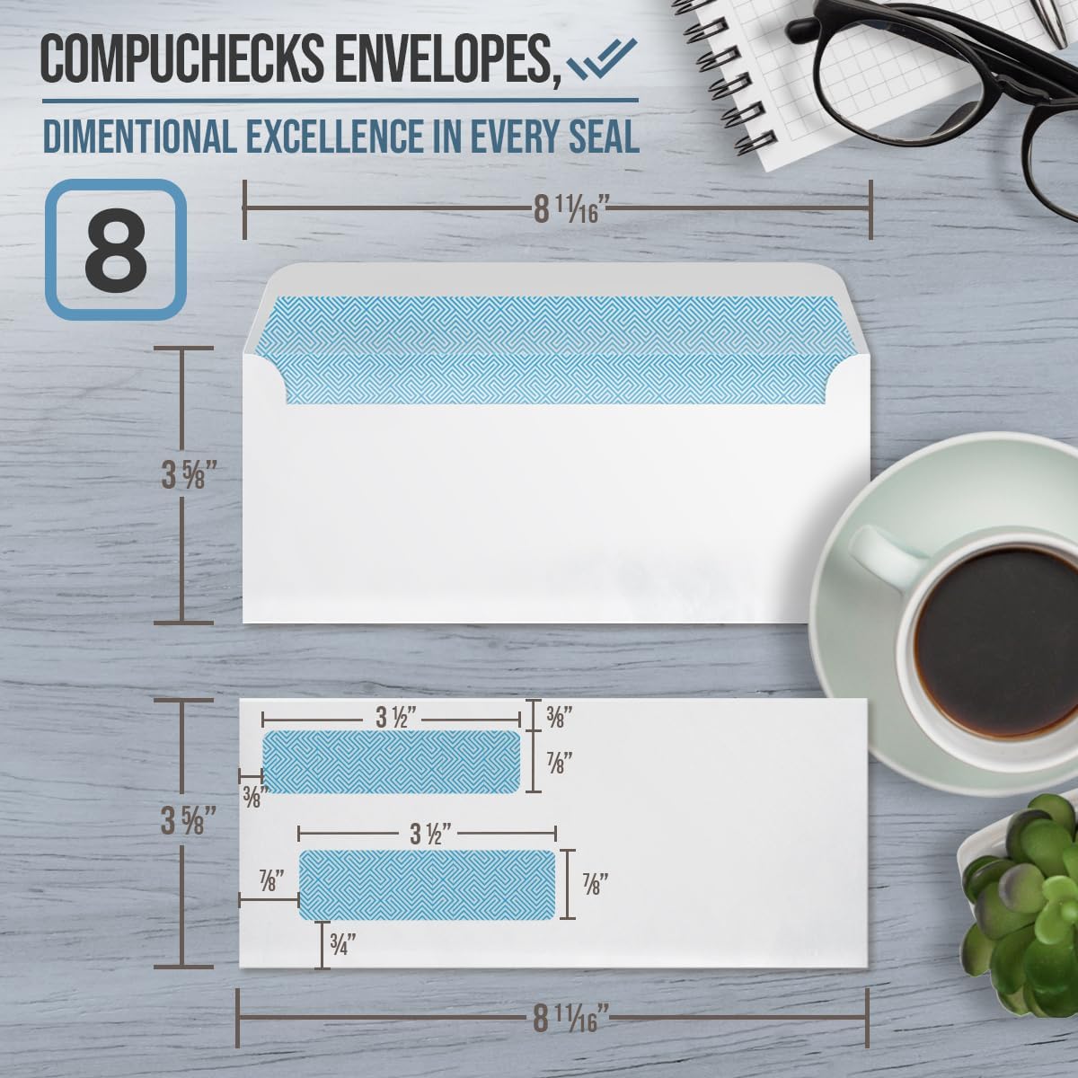Compuchecks Double Window Envelopes #8 - Gummed, Security Business Mailing Check Envelopes - Tamper Evident, Security Tint - 250 Count – Guaranteed to fit QuickBooks Checks