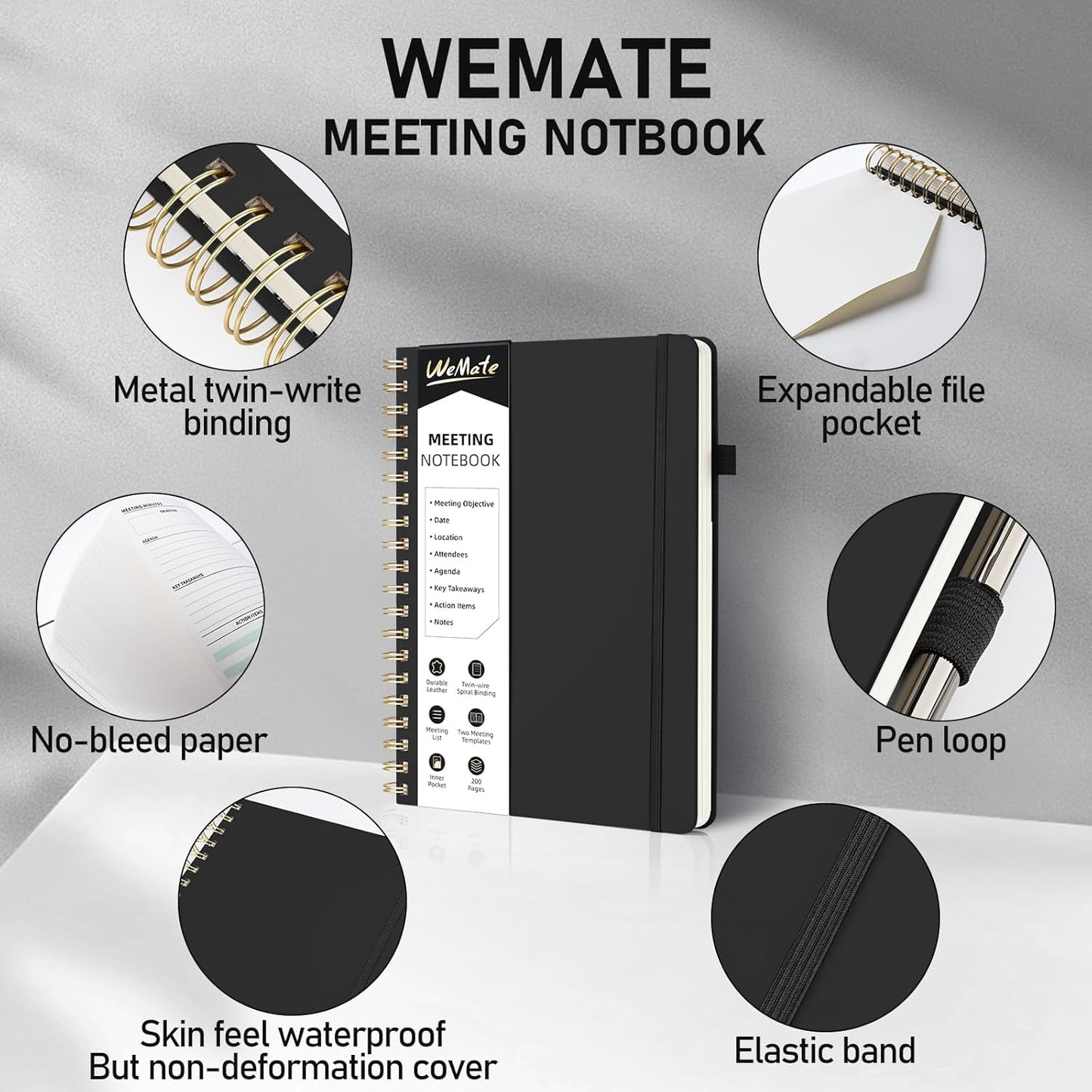 WEMATE 5 Pack Meeting Notebooks for Work（7"x10"） 200 Pages, PU Leather Notebook with Action Items & Note, For Staff & Students, Meeting, Projects Planning - All Black Set