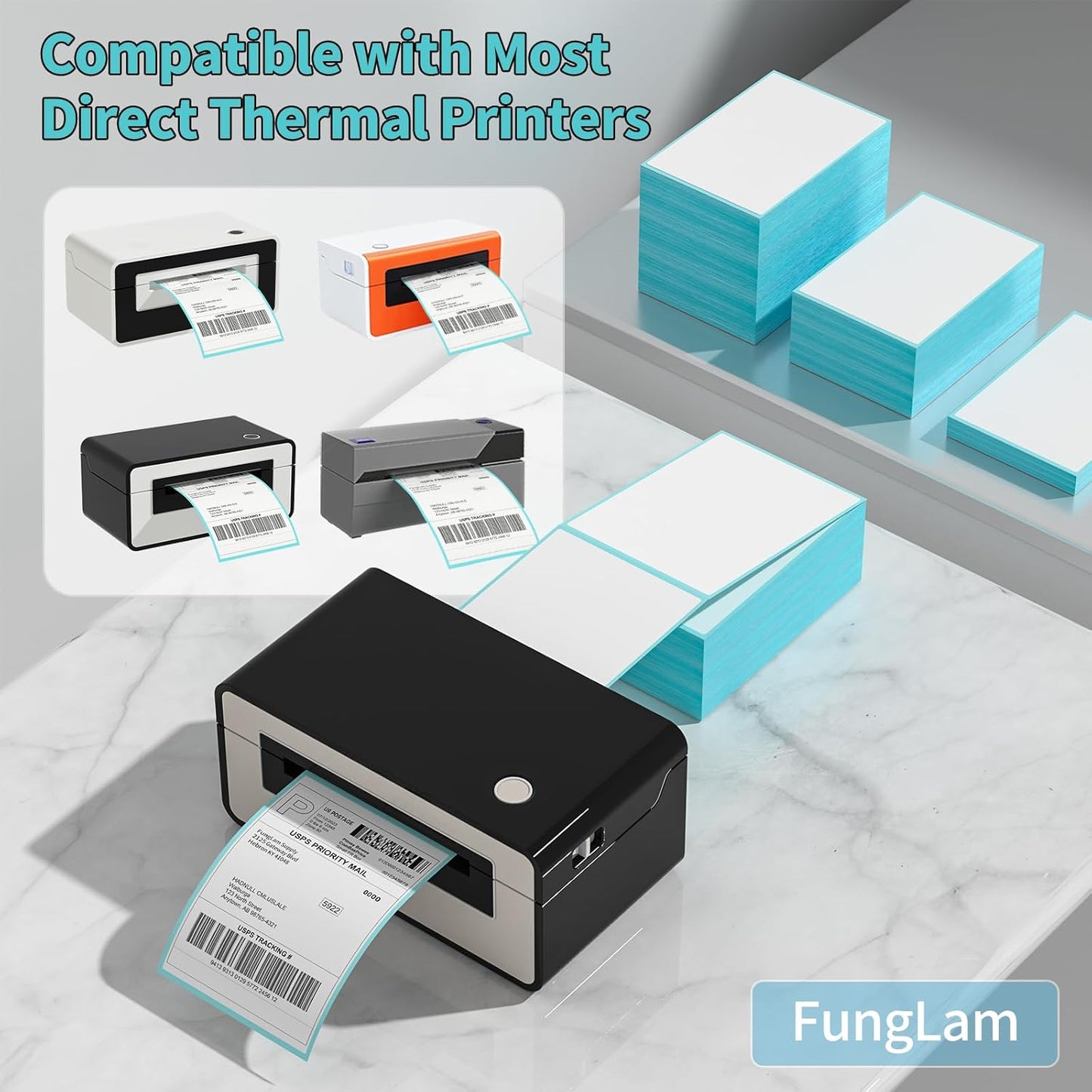 FungLam Direct Thermal Shipping Labels - 4x6 Thermal Labels Fanfold - Perforated and Strong Adhesive - 20000 Labels (1000 Labels per Stack, 20 Stacks)