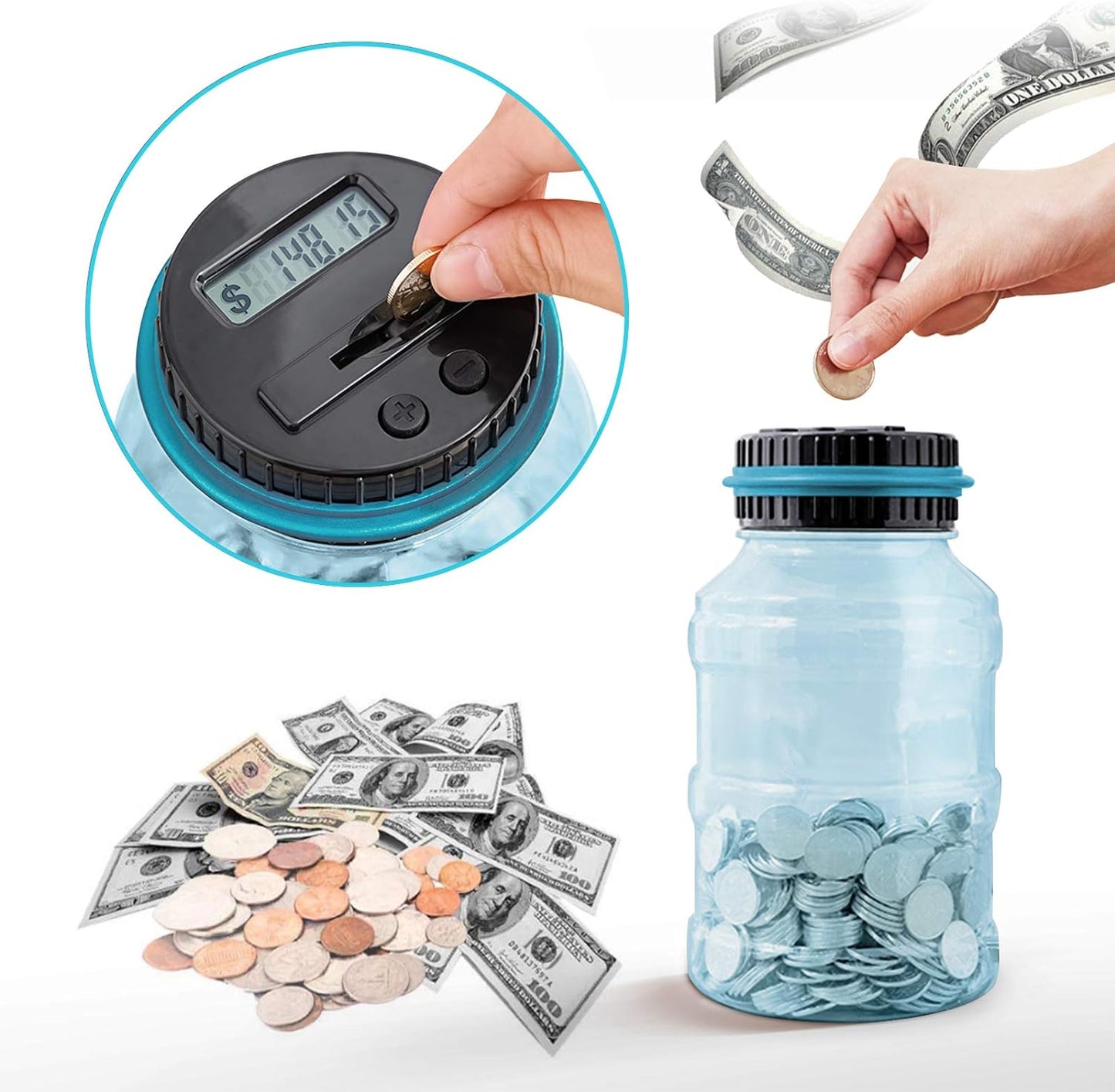 Large Piggy Bank for Boys Adults, Vcertcpl Digital Coin Counting Bank with LCD Counter, 1.8L Capacity Coin Bank Money Jar for Adults, Designed for All US Coins (Blue2)