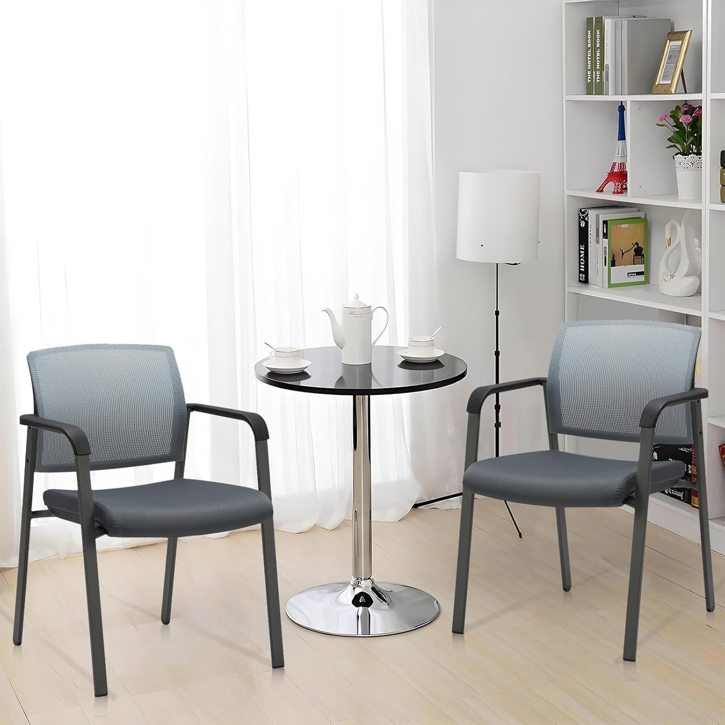 CLATINA Mesh Back Stacking Arm Chairs with Upholstered Fabric Seat and Ergonomic Lumbar Support for Office School Church Guest Reception Grey (Gray-8 Pack)