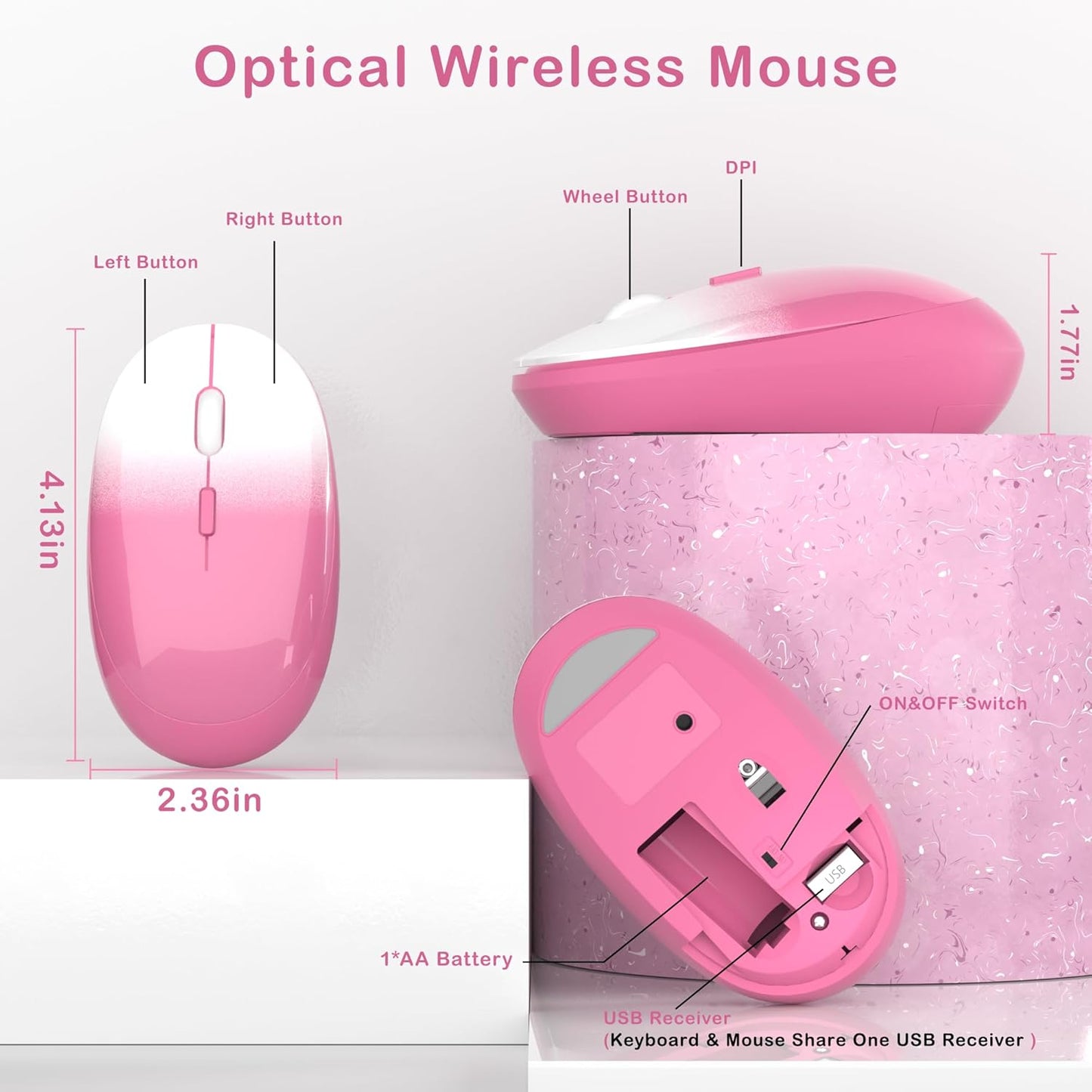 Colorful Wireless Keyboard and Mouse Combo, COVEVA 2.4GHz Wireless Retro Cute Round Keycaps Keyboard, 104 Keys Full-Sized Keyboard Mouse Set with Switch Button for PC Laptop Desktop (Pink Gradient)
