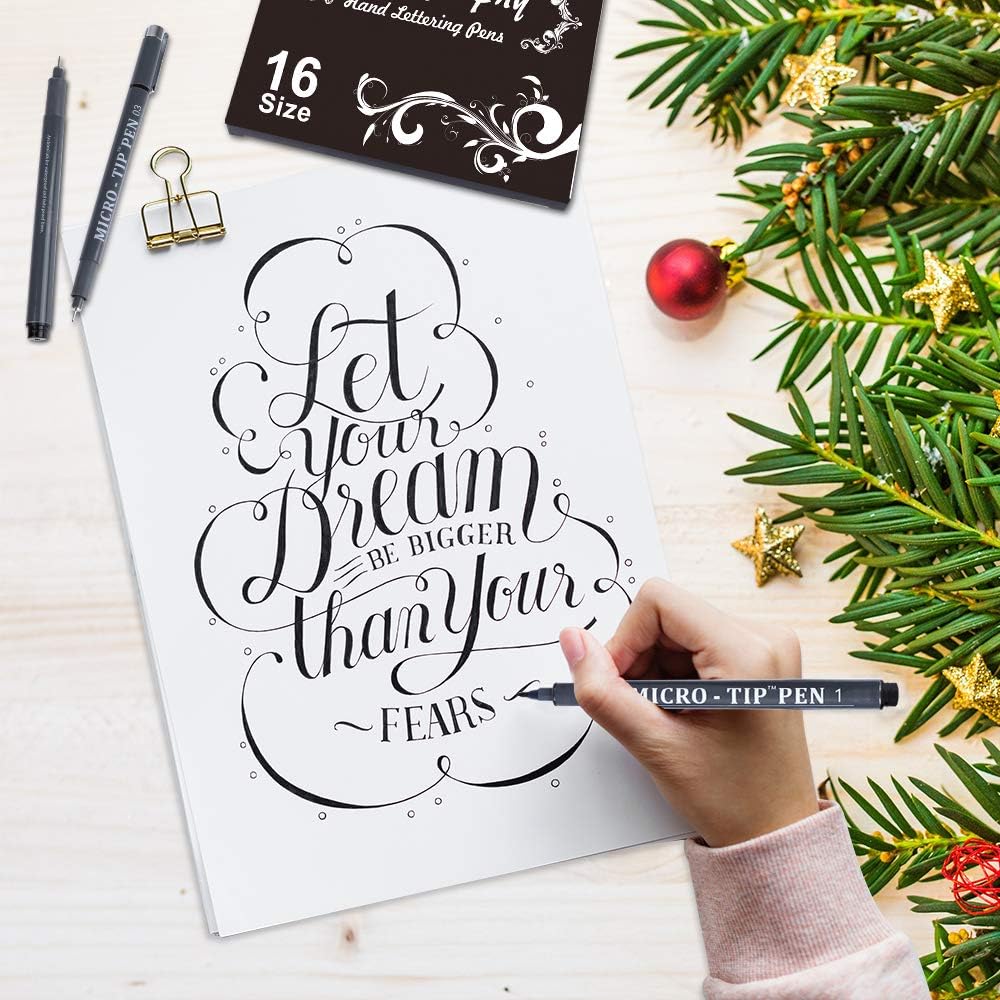 16 Pack Calligraphy Pens, Hand Lettering Pens, Brush Markers Black Ink for Beginners Writing, Lettering, Journaling, Art Drawing, Signature, Illustrations and Office School Supplies