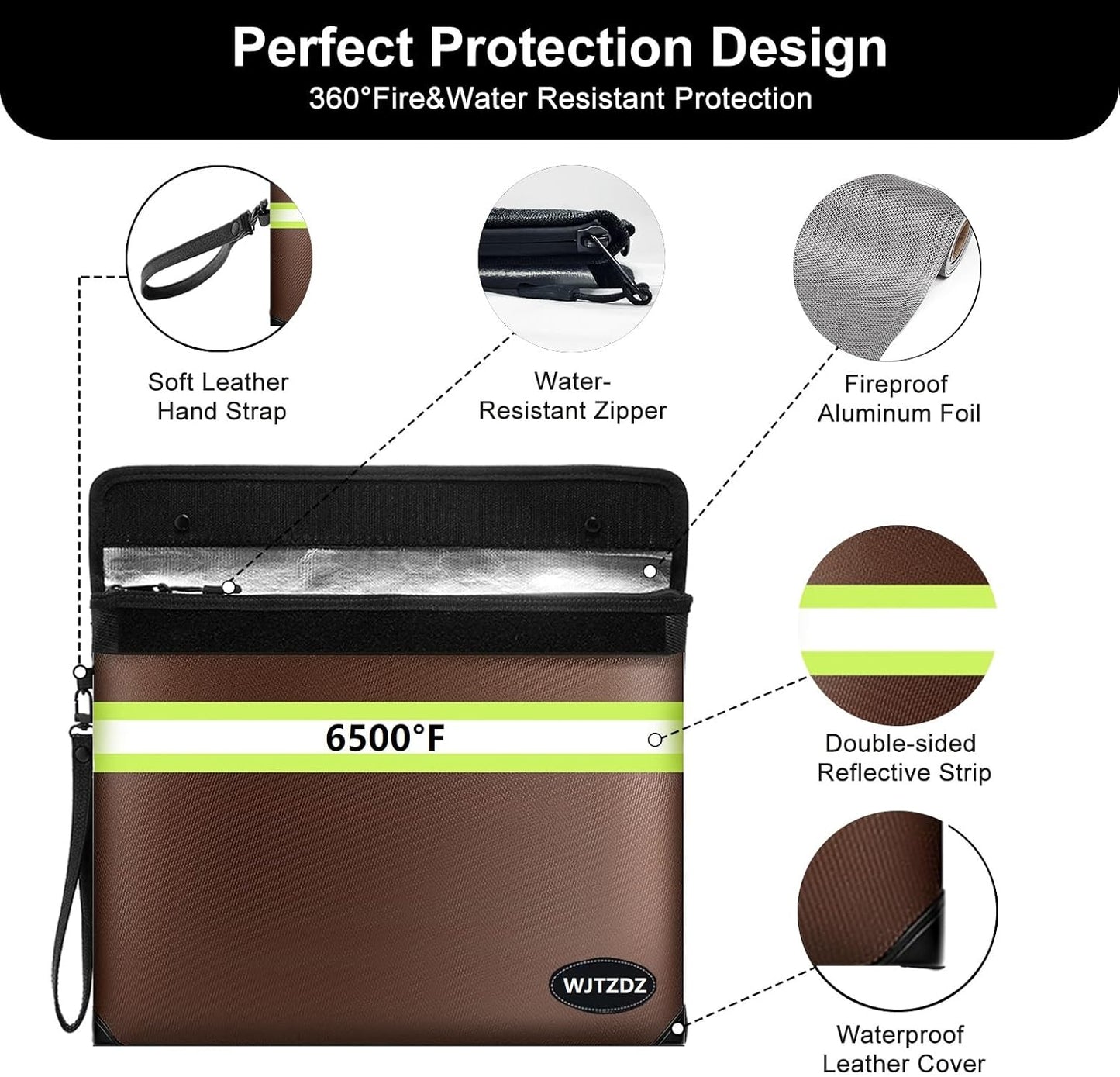 6500°F Fireproof Document Bag, Upgraded Fireproof/Waterproof Money Bag with Zipper/Reflective Strip,Storage Pouch for A4 Letter Size Document,Cash,Cell Phone,Passport