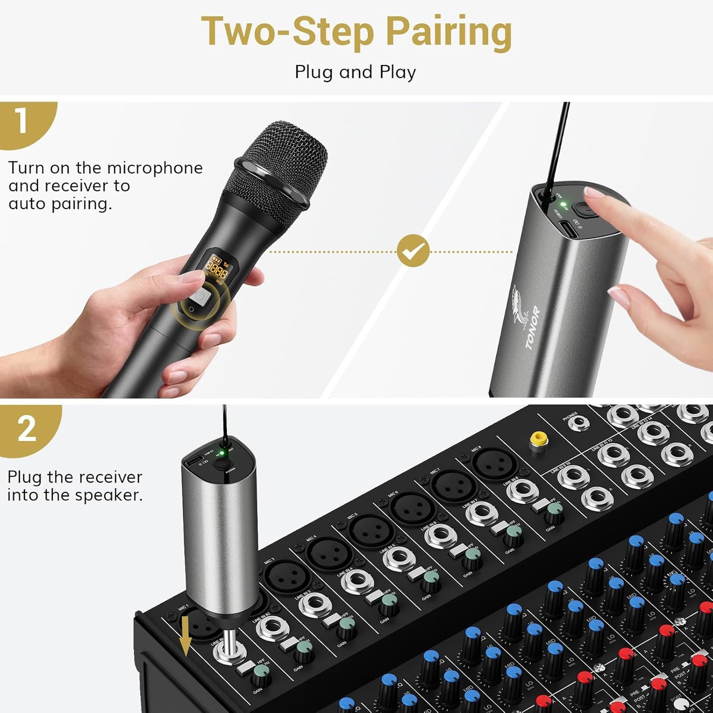 TONOR Wireless Microphone, UHF Metal Cordless Handheld Mic System with Rechargeable Receiver, for Karaoke, Singing, Party, Wedding, DJ, Speech, 200ft (TW620), Black