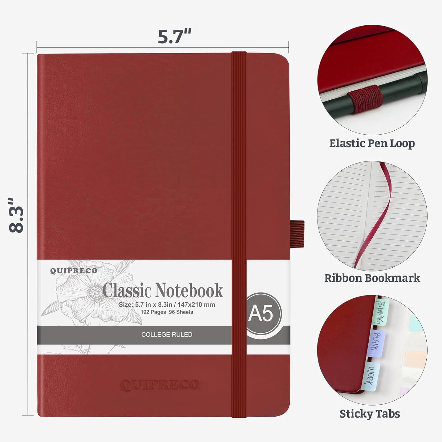 Hardcover Lined Bullet Dotted Journal Notebook, A5 140 192 Pages 100 120Gsm Paper College ruled for School,Work,Travel,and Daily Planning，5.7''*8.3'' (12, Burgundy, A5 Lined)
