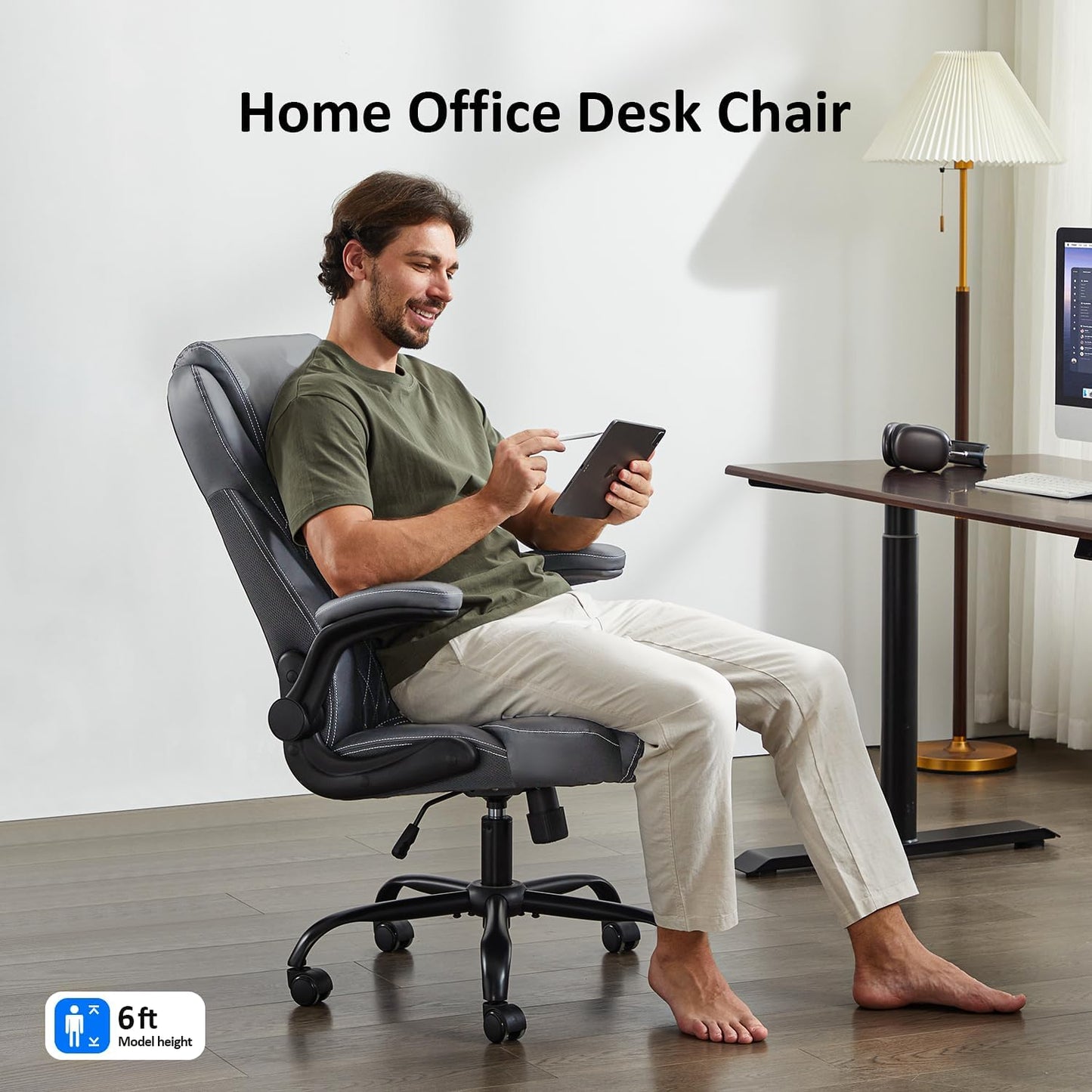 Office Chair, Executive Leather Chair Home Office Desk Chairs, Ergonomic Computer Desk Chair with Adjustable Flip-Up Arms, Lumbar Support Swivel Task Chair with Rocking Function (Gray)