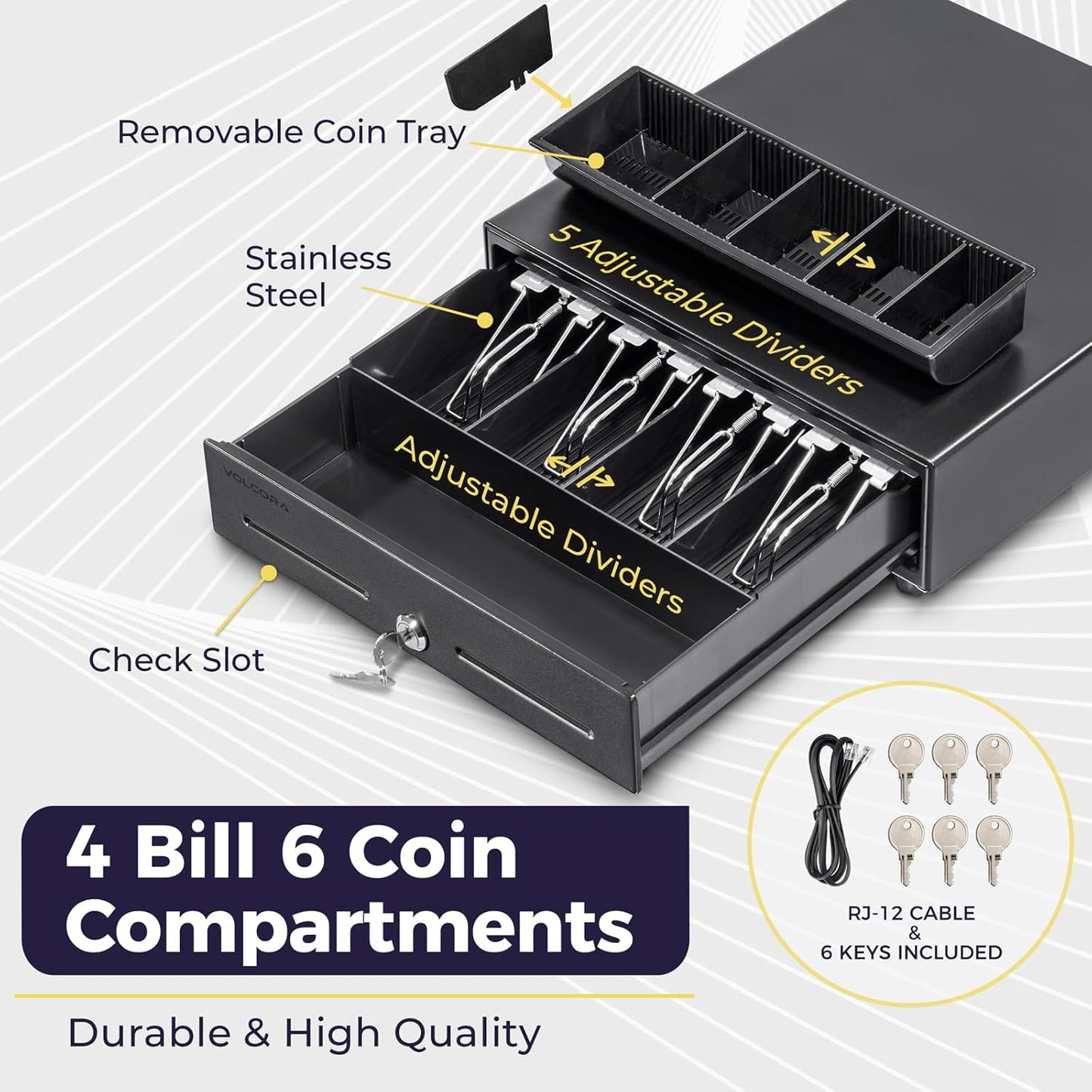 Volcora 13" POS Cash Register Drawer, 4 Bill 6 Coin Tray, Removable Coin Compartment, 24V RJ11/RJ12 Key-Lock, Media Slot, Black – Ideal for Small Businesses
