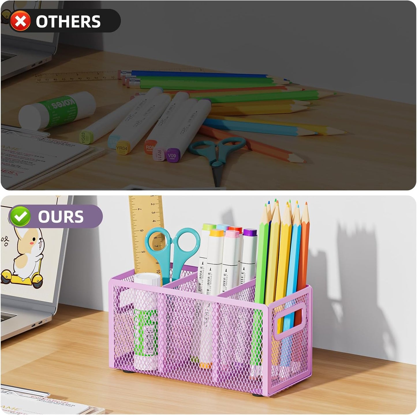 Marbrasse Mesh Pen Holder for Desk,Pencil Holder Desk Organizer 3 Adjustable Compartments,Pencil Cup with Handle Perfect for Classroom, Office, Home,Makeup,Art (Purple)