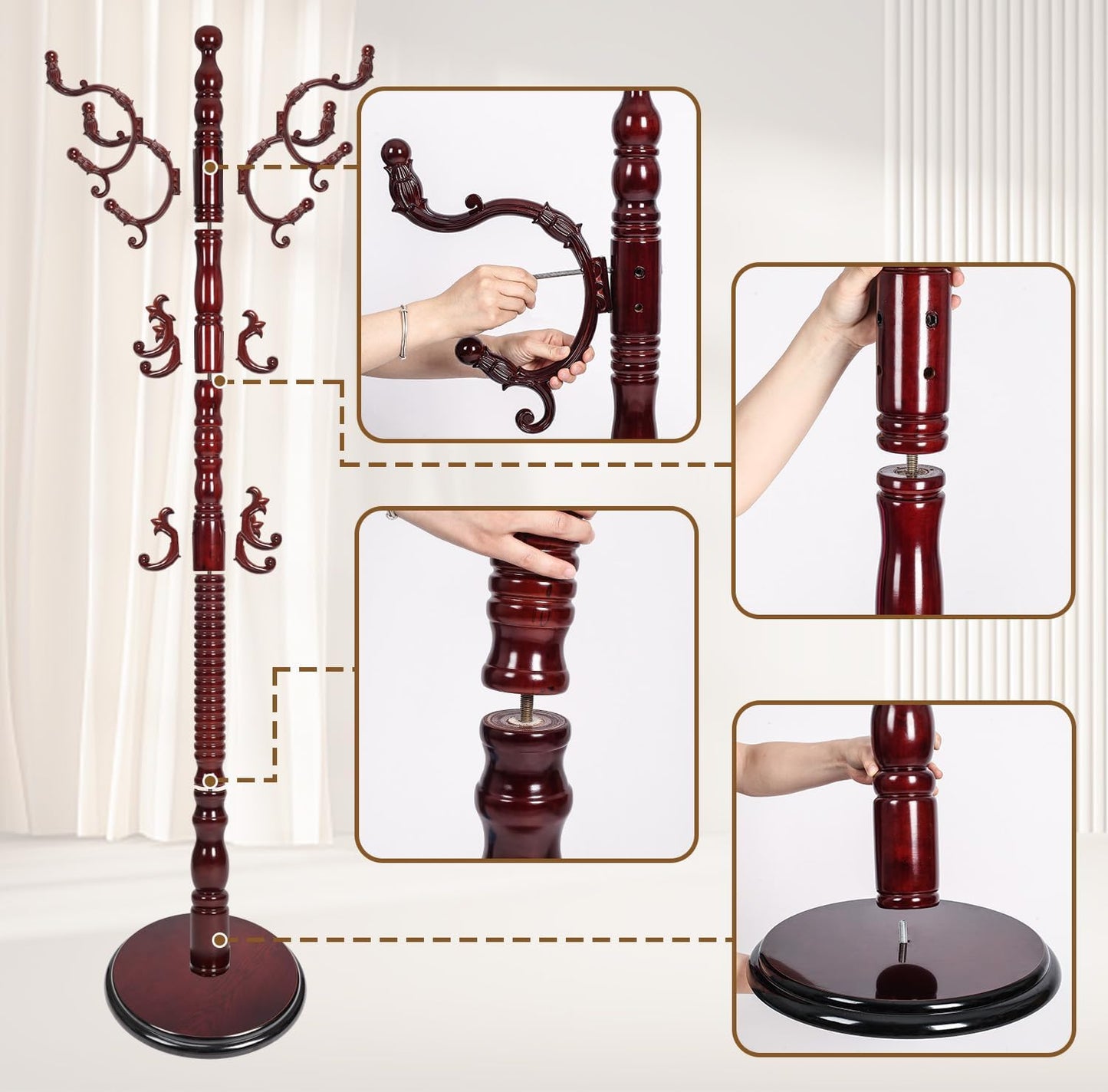Coat Rack Stand, Solid Wooden Coat Tree with 14 Hooks, Heavy Duty Coat Rack Freestanding with Sturdy Round Base, Natural Birch Wood Coat Hanger Stand for Entryway Bedroom (Rosewood)