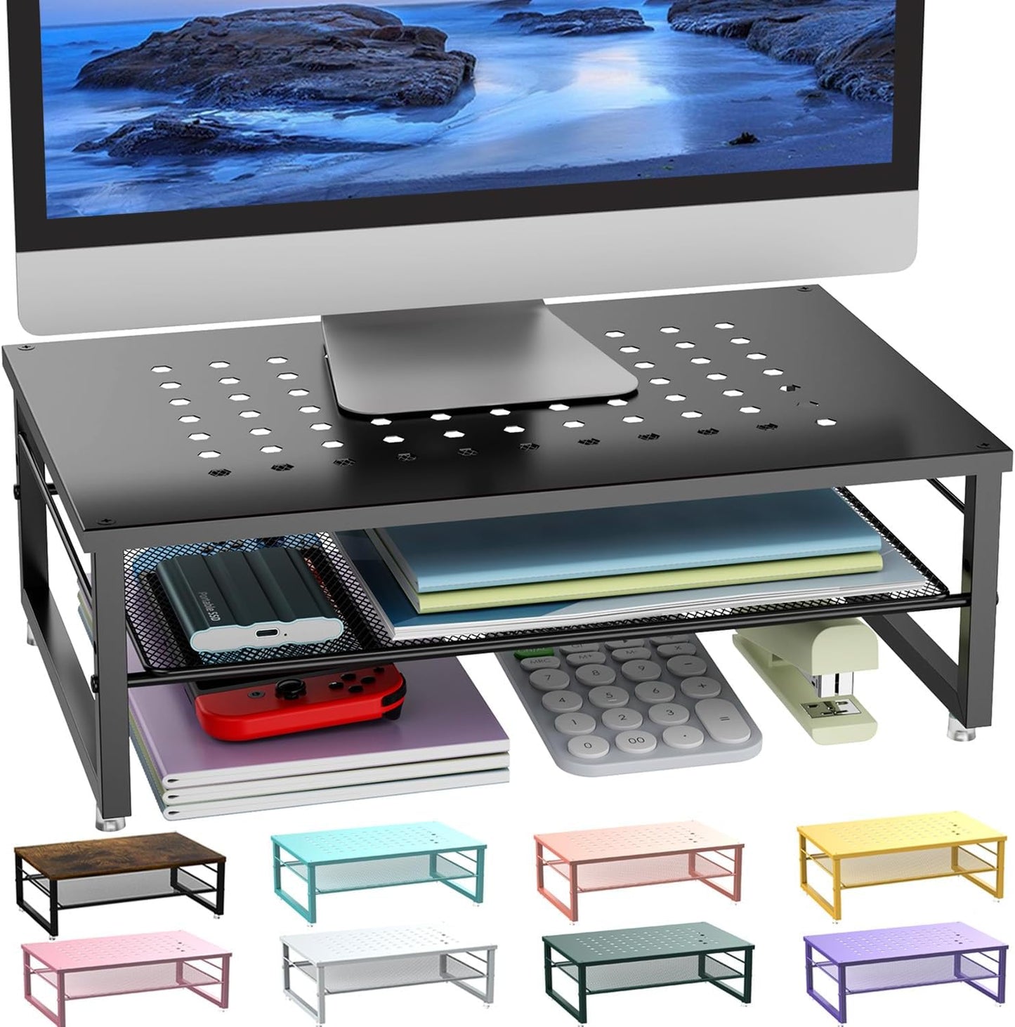 gianotter Desk Organizers and Accessories, 2-Tier Metal Monitor Stand Riser, Desk Organizer for Monitor, Office Desk Storage Organizer for Office Supplies (Black)