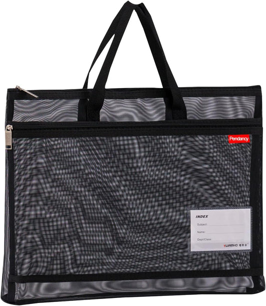 Pendancy Mesh Zipper Pouch A4 Size, Large Double Pocket Lightweight Nylon Transparent File Bag with Handle, 11x13.8 in Foldable Document Storage for Puzzle Project/Cross Stitch/Travel/Office (Black)