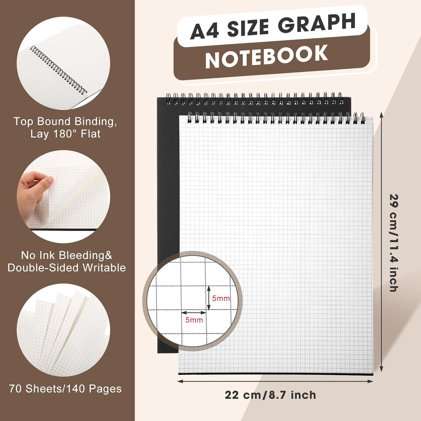 6 Pack Top Spiral Graph Paper Notebooks 8.7 X11.4 Inch A4 Grid Paper Notepad 70 Sheet Memo Steno Pad for Engineering Writing Sketching Drawing School Office Supplies (Black)