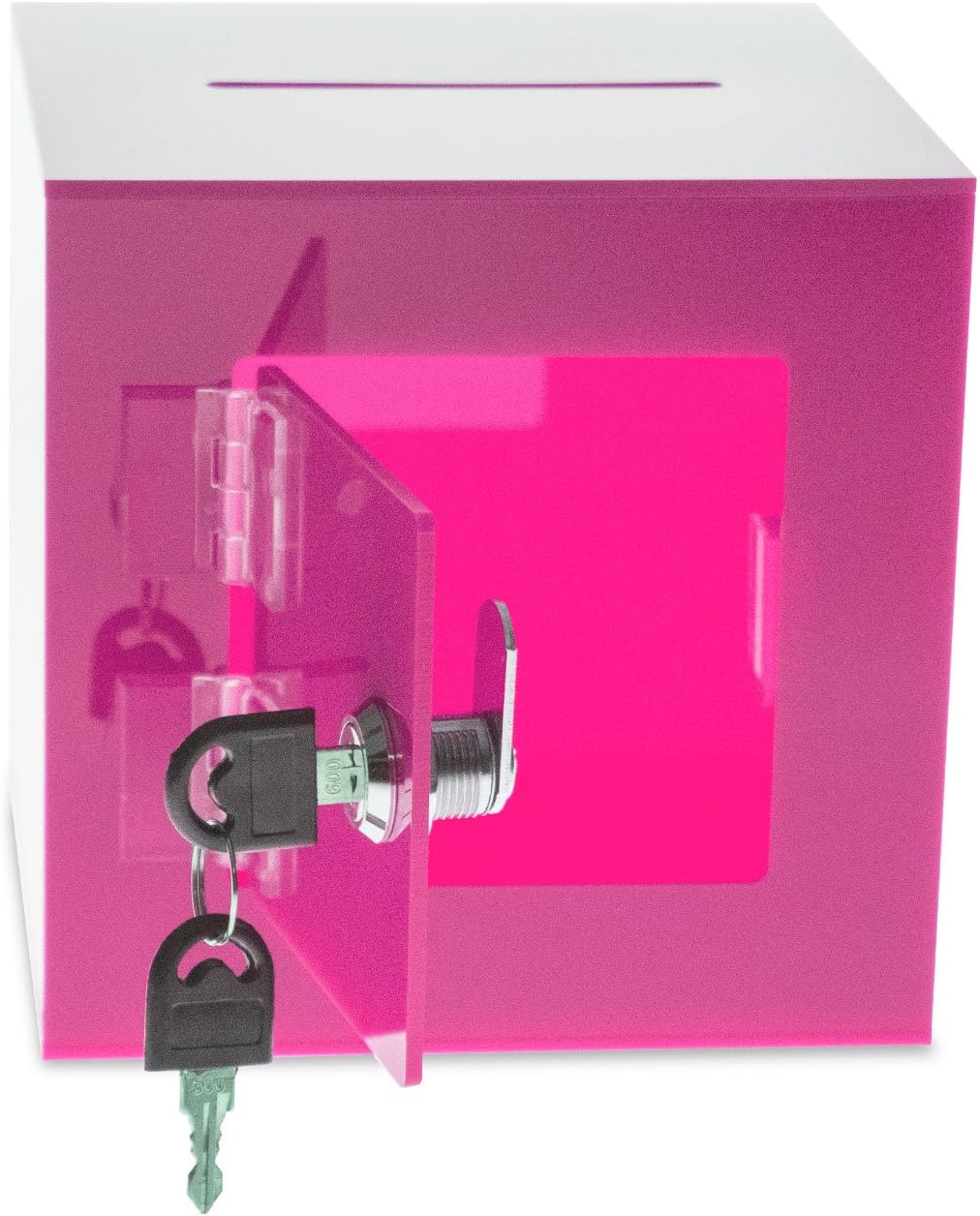 Source One Premium Acrylic Cube Donation Box with Deluxe Rear Open Door and Cam Lock Suggestion Box (12 Inch, Pink)
