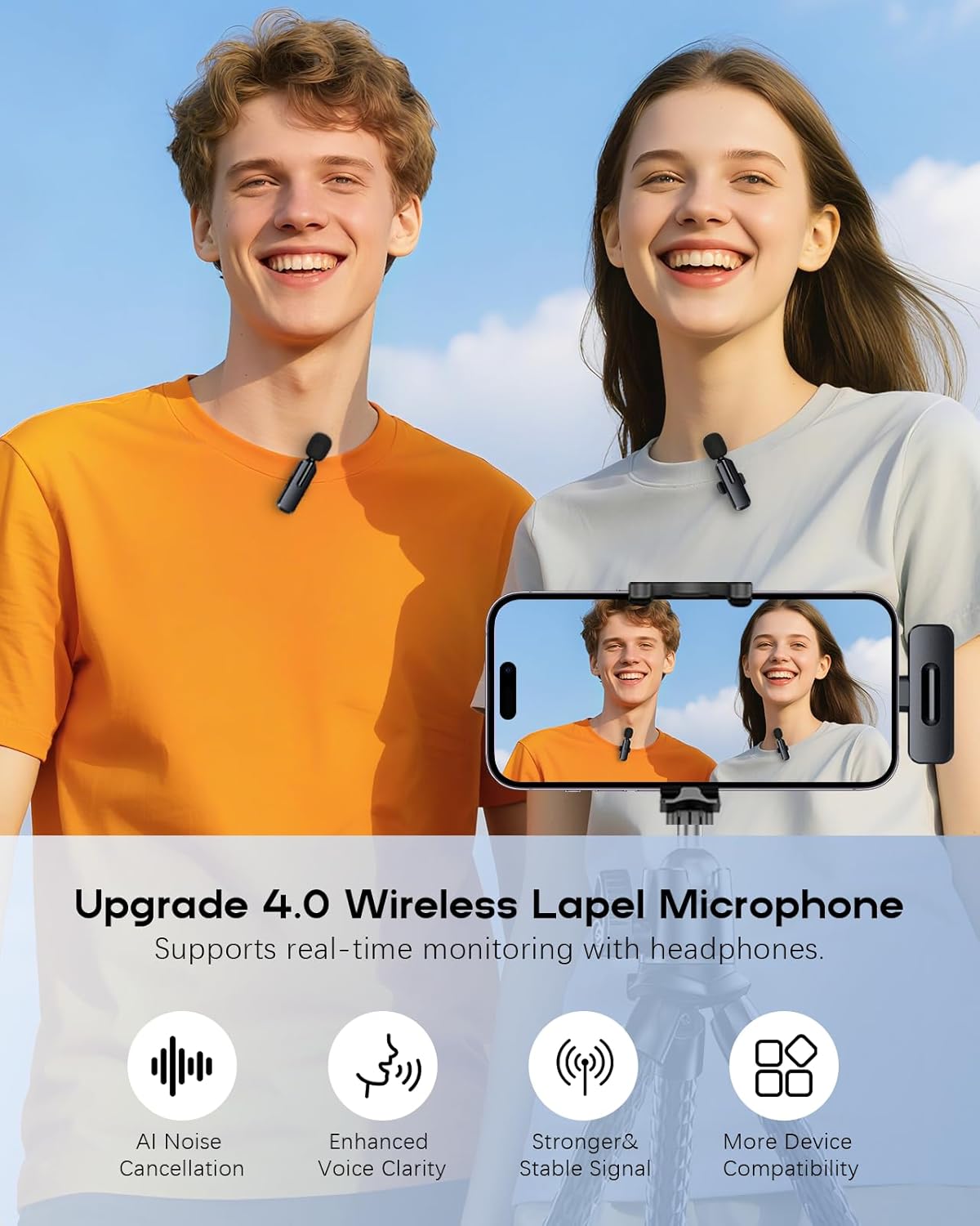 Professional Wireless Mini Microphone for iPhone - 2 Pack Lavalier bluetooth Microphone for Video Recording, 2 In 1 Noise Reduction Lapel Mic for Ipad, Android, Mini Mic for Content Creators Podcast