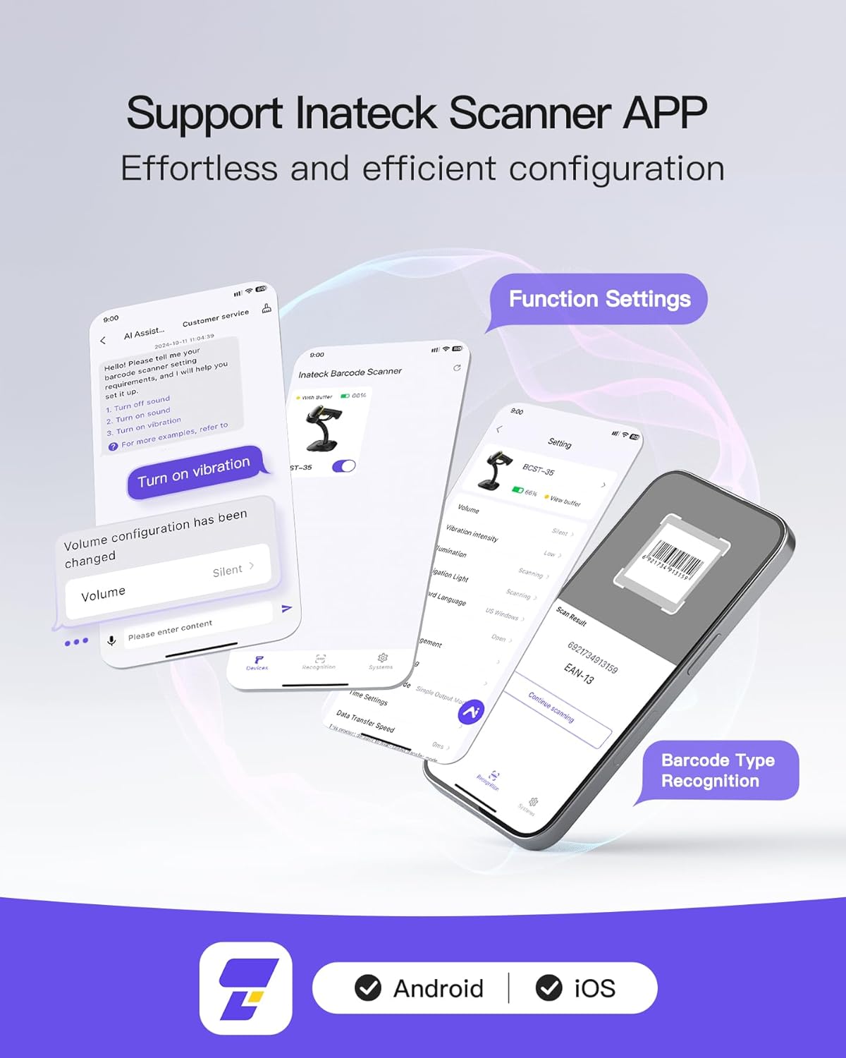 Inateck 2D Barcode Scanner with Intelligent Stand, Wireless QR Code Scanner, Handheld Scanner with APP and SDK, 2D Imager with 2600mAh Battery, BCST-35